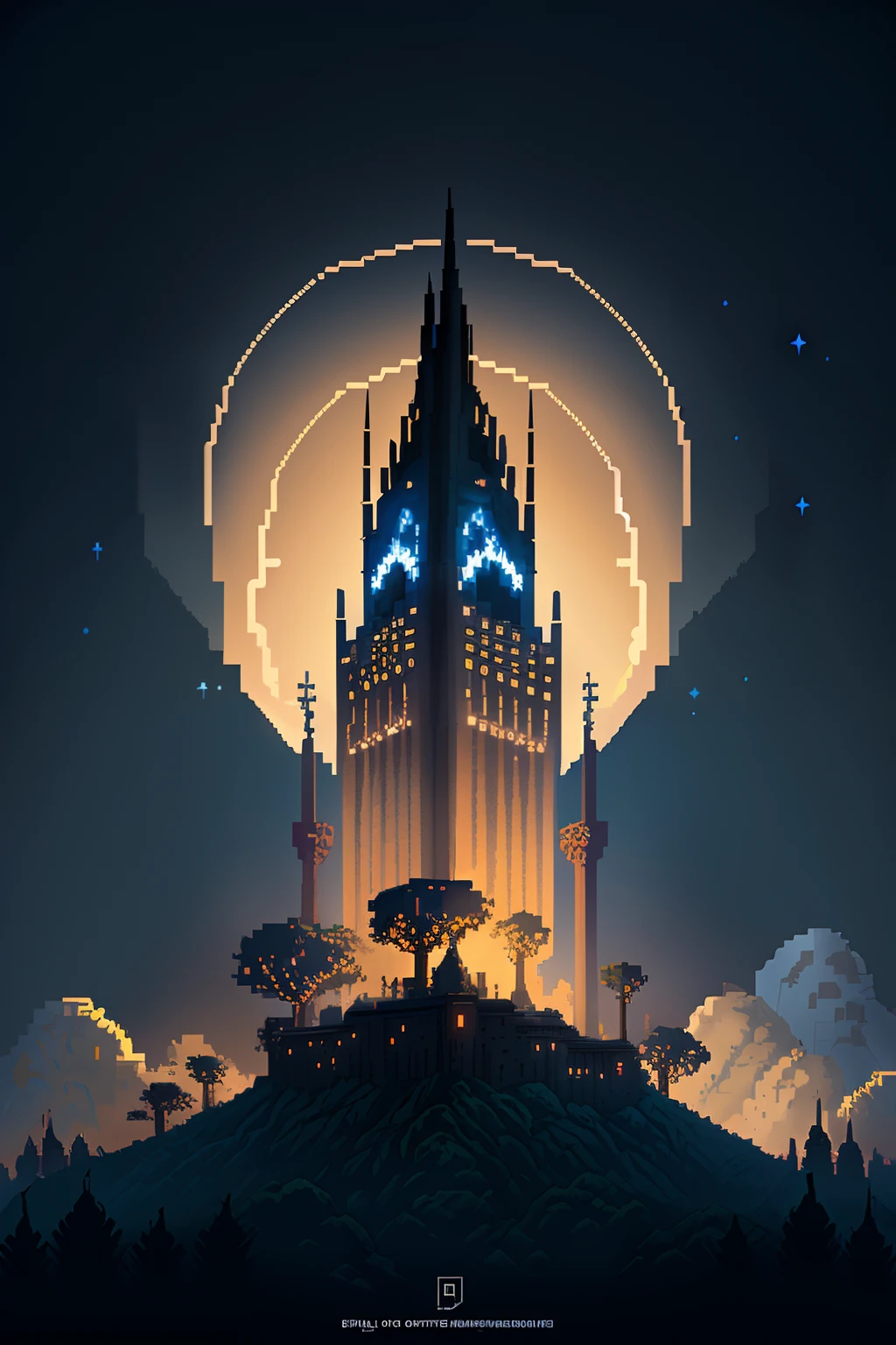There is a pixel art of a tower on a hill, Arte retro, castle in the sky style, cinemactic. Estilo pixel art Medieval, Artgem e Beeple Masterpiece, torre Art Deco de fundo, Castlevania, bela arte retro detalhada do pixel.