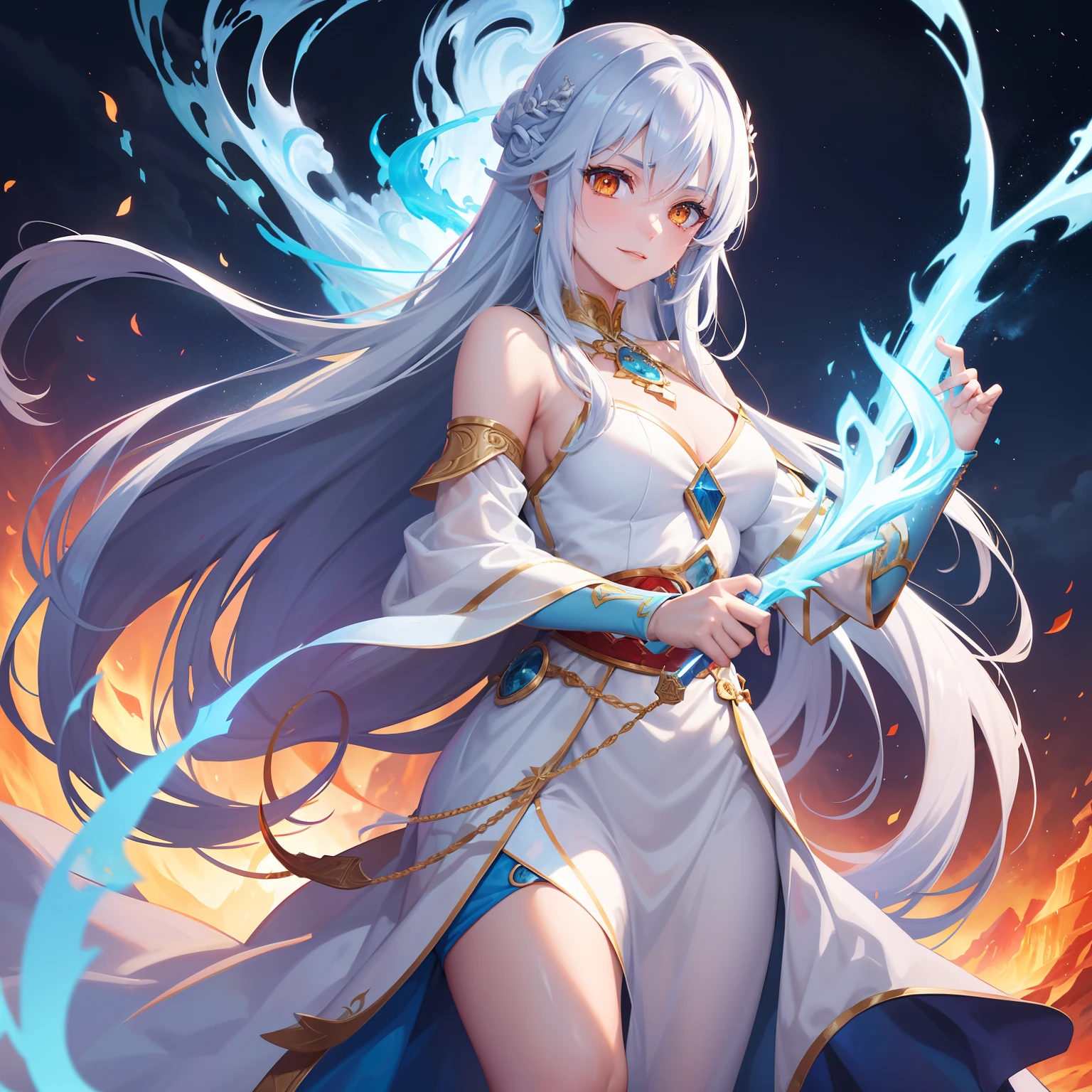 Drawing the sword of the lava mountain, , and cold flame of the ancient style woman, holding the blue flame burning sword, white clothes dancing sword in the red long hair flowing and yellow eyes holding a silver long sword beautiful woman, wearing jade jewelry, her face is full of confident smiles, she is suspended in the clouds like a god, behind her is a lava