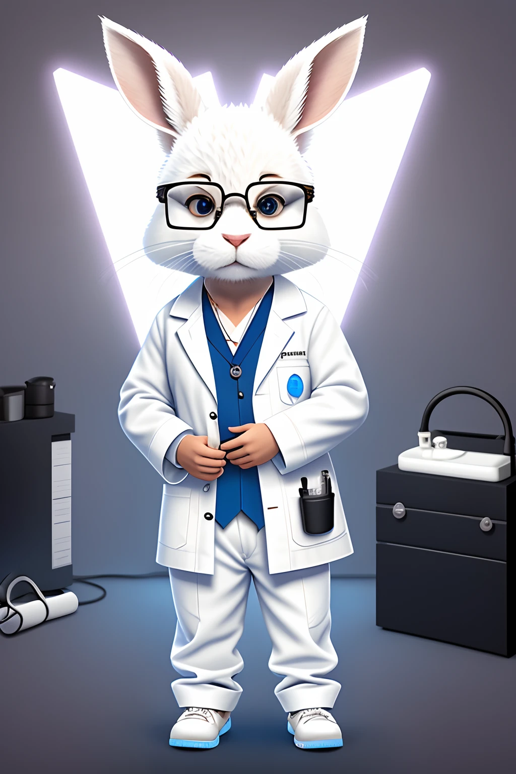 small rabbit with white fur and black eyes, wearing doctor blue scrubs, carrying a stethoscope, and putting on glasses, cartoon arts, dramatc anthropomorphic lighting 8k Very detailed