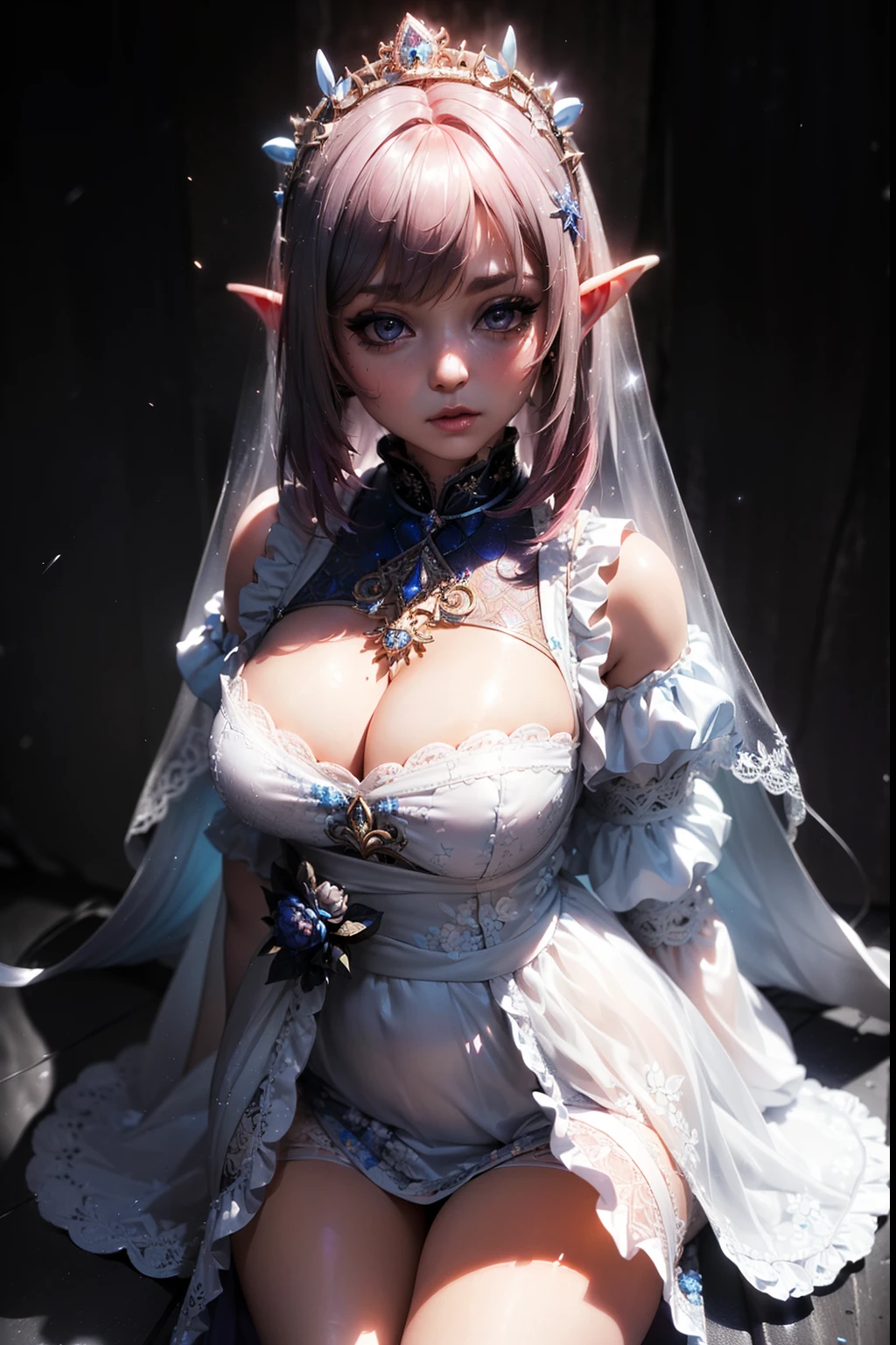 (((in hyper realistic and detailed short doll dress, aethereal aesthetic style))) beauty idoll, intricate perfect beauty face, detailed sharp eyes, hyper realistic and detailed hair, (((from face to the waist))), (((beauty shape))), masterpiece, 4k, UHD