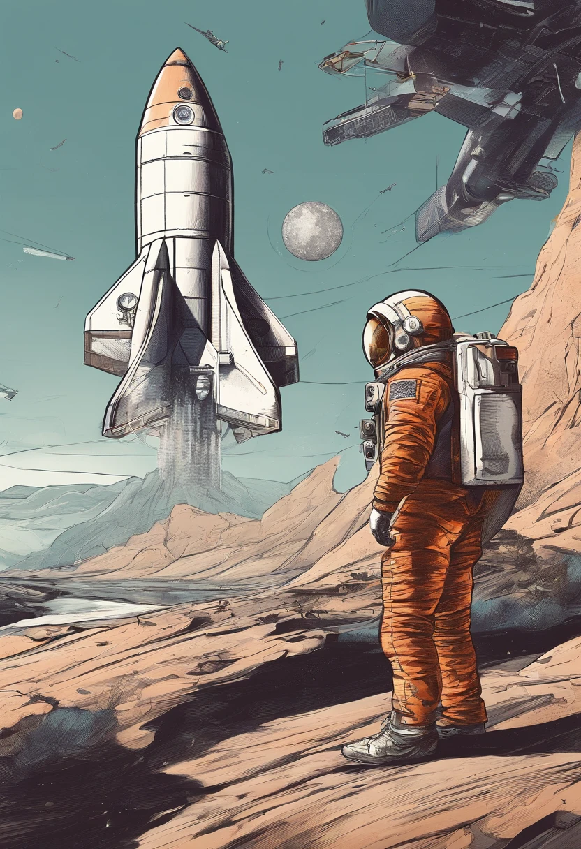 Man astronaut giving press conference at rocket launch, local com pessoas, Reporter, helicopter, grande foguete decolando ao fundo, Astronaut with rocket in the background in a launch interview, sol da tarde, people watching the rocket launch, Astronaut holding helmet with hand