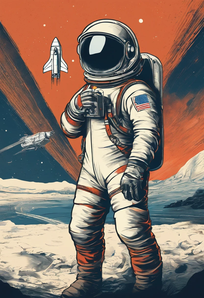 astronaut alone, sad, sitting, with beautiful space background