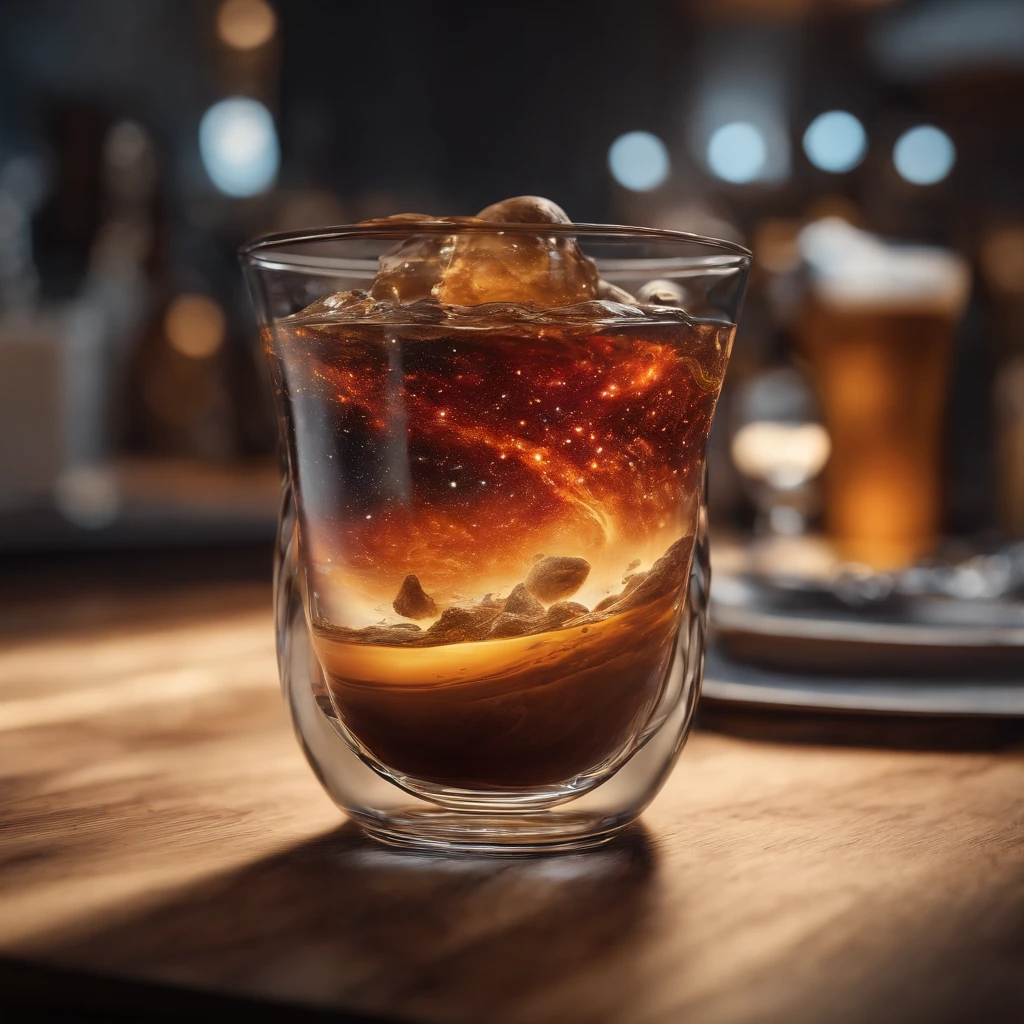 The universe in a cup, The whole universe exists inside the glass...., Planets and galaxies in a glass, Wooden dining table, super realistic, hyper detailed, dramatic lighting, 4k, ultra hd, Realistic, bright colours, A highly detailed, UHD Drawing, Pen and ink, perfect composition, Beautiful detailed intricate insanely detailed octane make trending on artstation, 8K art photography, photorealistic concept art, soft natural volumetric cinematic perfect light