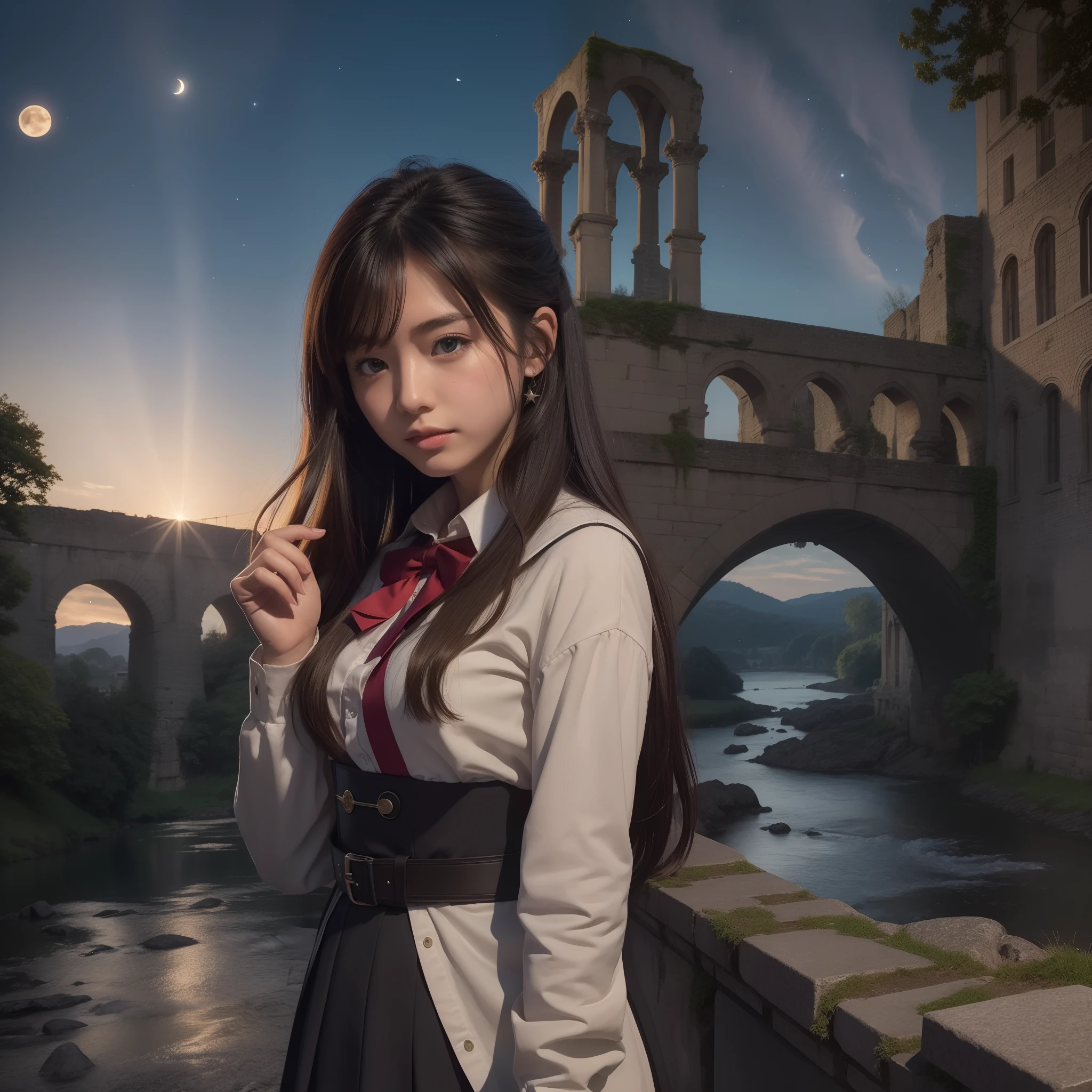 Atmospheric perspective, masutepiece, Super Detail, High quality, awardwinning, 8K, (girl), solo, high school uniform, upper body, (close-up), stand in front, ruins, Magnificent stone bridge, Medieval, River, old city, Night, starry sky, In Europe, Moon light, vignetted, god rays, detailed fingers