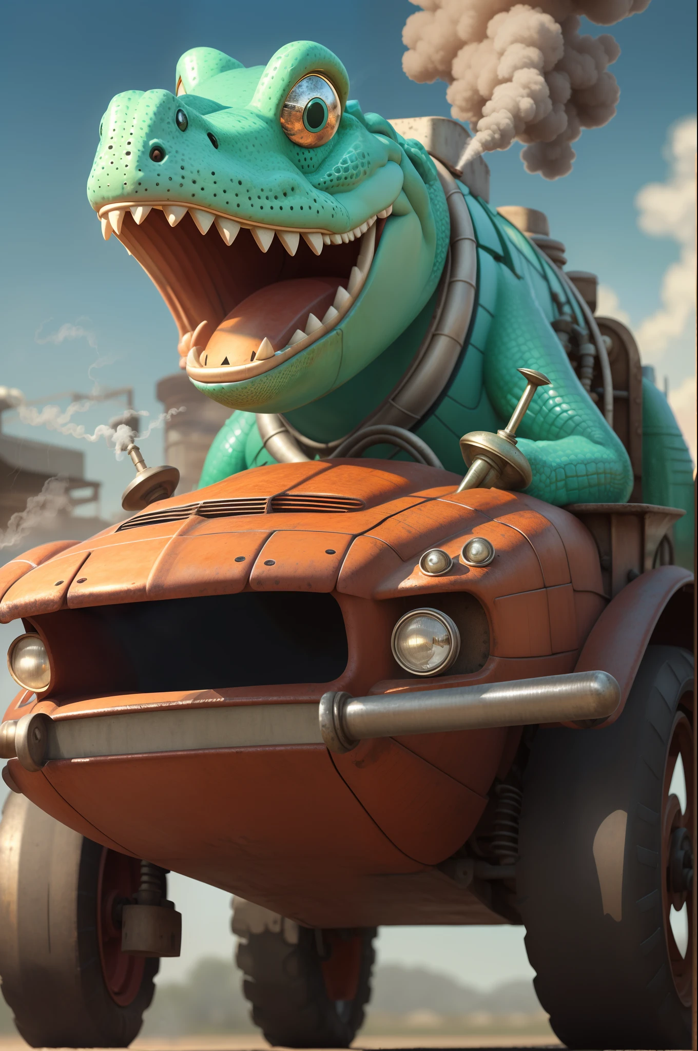 Close-up. Cheerful cute tall Pixar alligator character, but with an overbite and protruding teeth, smiles, red shirt, rides in a complex stupid ultra-mechanical steam-punk car with an odd number of wheels, bolts, some rust and scuffs, asymmetrical.Blurred background. Light haze. --auto --s2