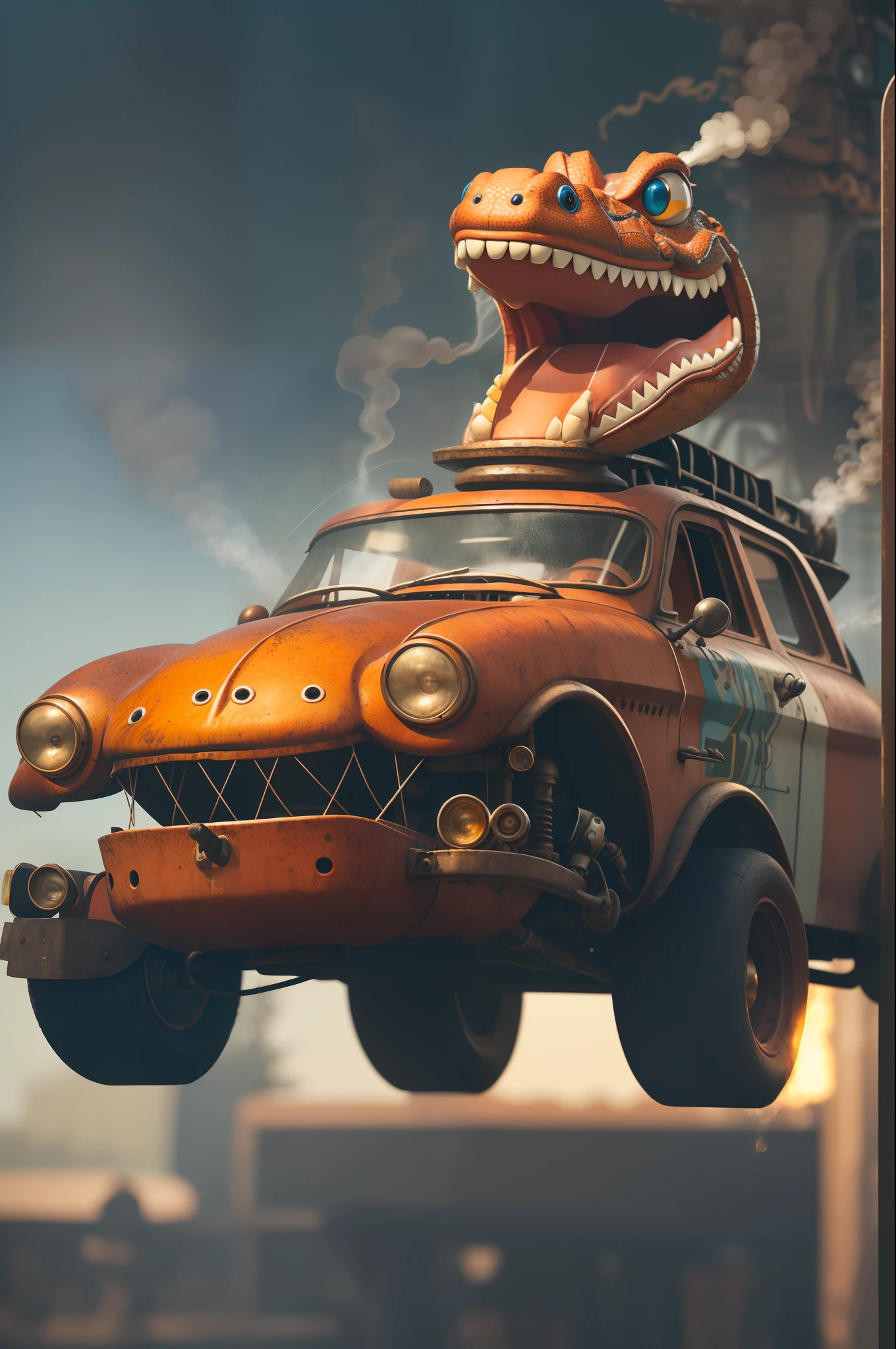 Close-up. Cheerful cute tall Pixar alligator character, but with an overbite and protruding teeth, smiles, red shirt, rides in a complex stupid ultra-mechanical steam-punk car with an odd number of wheels, bolts, some rust and scuffs, asymmetrical.Blurred background. Light haze. --auto --s2