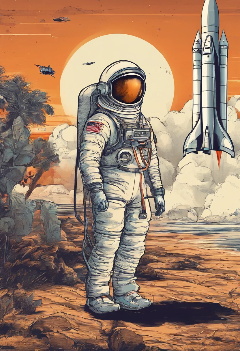 Man astronaut giving press conference at rocket launch, local com pessoas, Reporter, helicopter, grande foguete decolando ao fundo, Astronaut with rocket in the background in a launch interview, sol da tarde, people watching the rocket launch, Astronaut holding helmet with hand