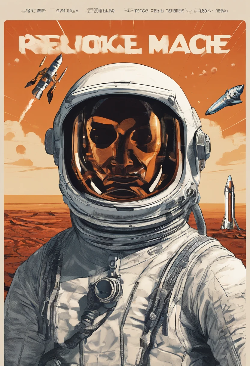 Man astronaut giving press conference at rocket launch, local com pessoas, Reporter, helicopter, grande foguete decolando ao fundo, Astronaut with rocket in the background in a launch interview, sol da tarde, people watching the rocket launch, Astronaut holding helmet with hand