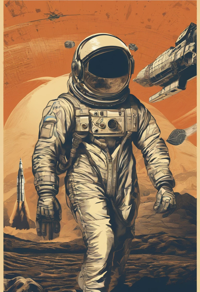 Man astronaut giving press conference at rocket launch, local com pessoas, Reporter, helicopter, grande foguete decolando ao fundo, Astronaut with rocket in the background in a launch interview, sol da tarde, people watching the rocket launch, Astronaut holding helmet with hand