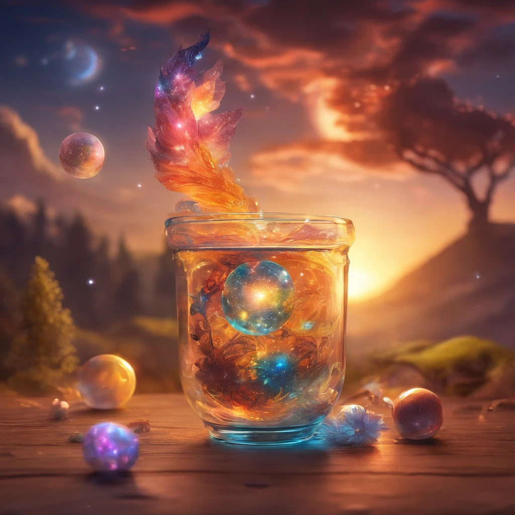 The universe in a cup, The whole universe exists inside the glass......, Planets and galaxies in a glass, Wooden dining table, super realistic, hyper detailed, dramatic lighting, 4k, ultra hd, Realistic, bright colours, A highly detailed, UHD Drawing, Pen and ink, perfect composition, Beautiful detailed intricate insanely detailed octane make trending on artstation, 8K art photography, photorealistic concept art, soft natural volumetric cinematic perfect light