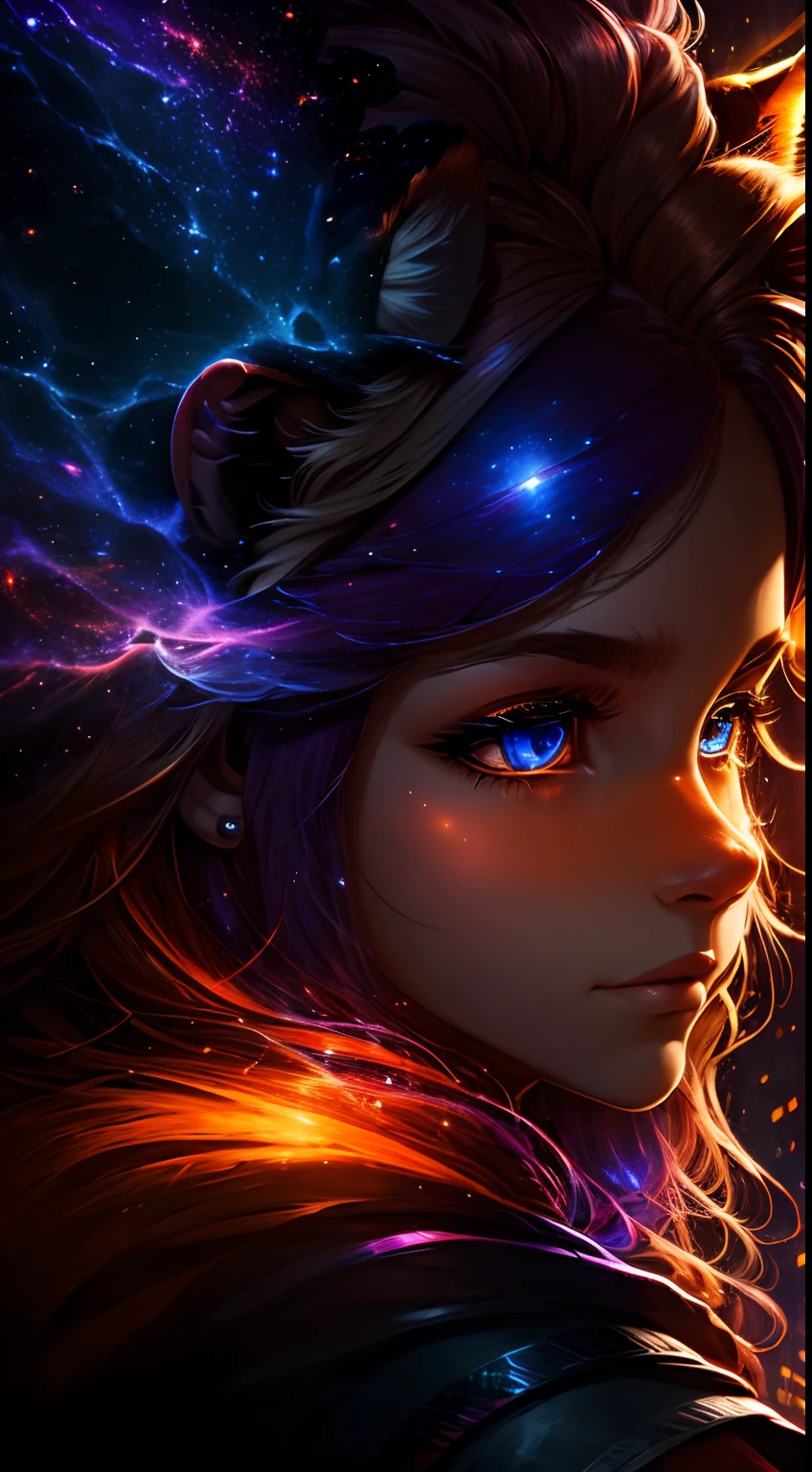 An incomprehensible and spectacular scene from a glowing cloud, A elemental girl, [fire:ice:0.5], (orange fire and blue ice eyes:1.3), (fire and ice face:1.3), 3D, rich colors, (no human:1.5), medium breasts, (dynamic face), filaments of fractal nebula, Cosmic entities, celestial, Space, Bright and bright, Turns, whirling, unreal, high contrast, symbolic, Magic, mysticistic, Mystification, Hyper-realistic, oversaturated, Colorful, [[[extremely detailed artgerm]]], [optical illusion], Fujicolor, cinematic lighting], silver curls, storm, vibrant, sunlit, (edge detection:1.3), absurdres, impressive, 120mm, outlining, wide thighs, luminous, glittering, reflections, lights, sky, 360 View, psychodeliczn