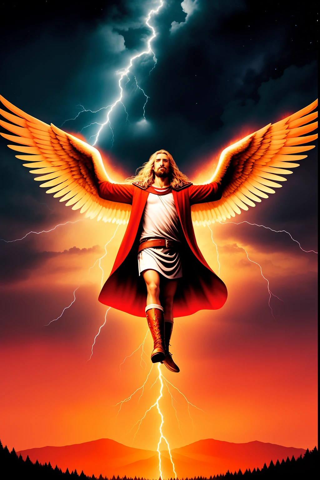 Jesus, tiro de corpo inteiro, olhos firmes, olhando para frente, lightning in the sky, arms extended, olhando para frente, parado no topo de uma montanha, manto e capa vermelhos, cruz brilhante no ar