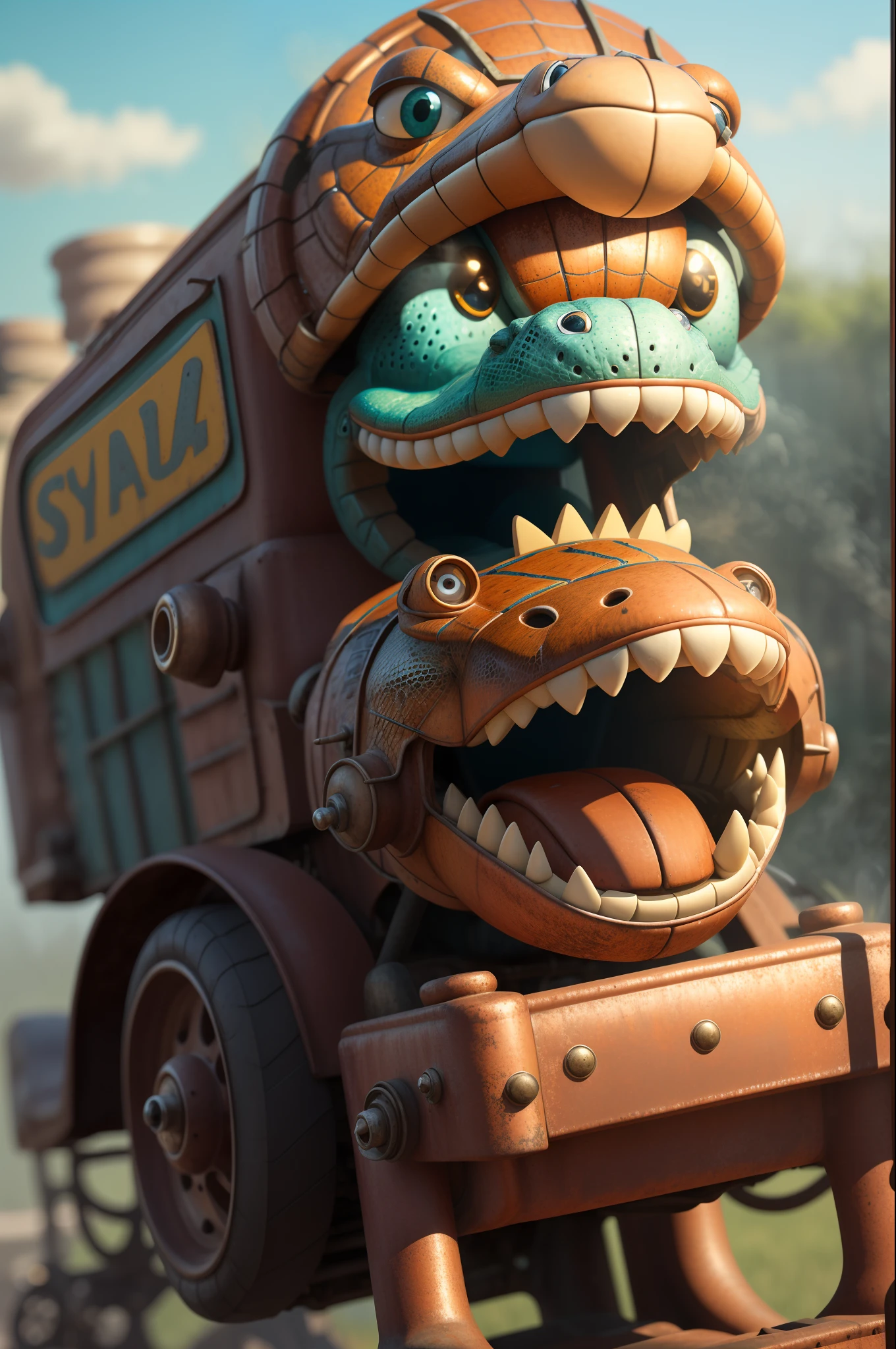 concept art (MuppetManiaAI garbage_truck:1.1) with a pintle-mounted machine gun, on a dirty cyberpunk sesame street, (industrial:0.8), (gritty:1.1), worn, weathered,