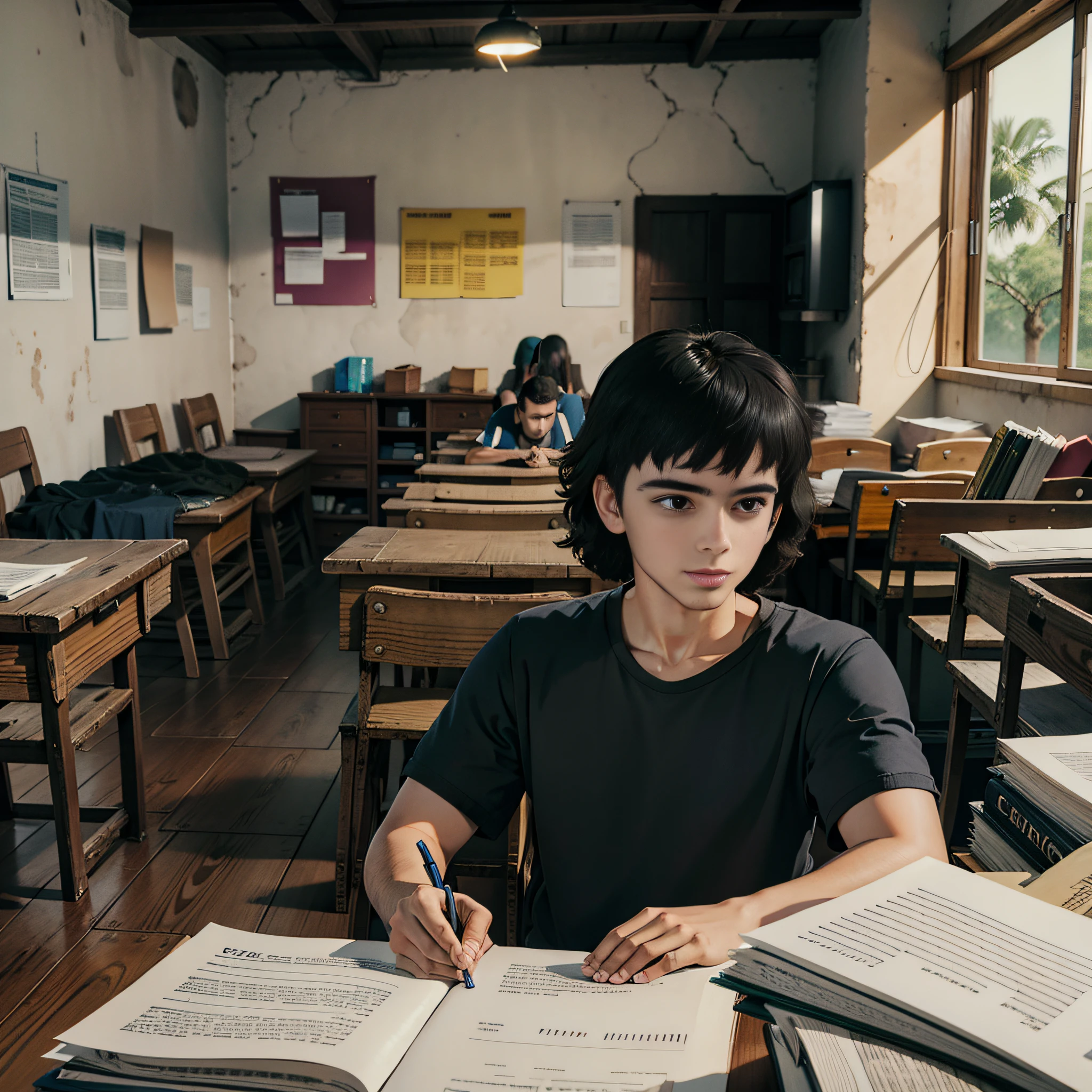 jovem de 20 anos, cabelos curtos castanhos, estudando design, sala de aula, feliz