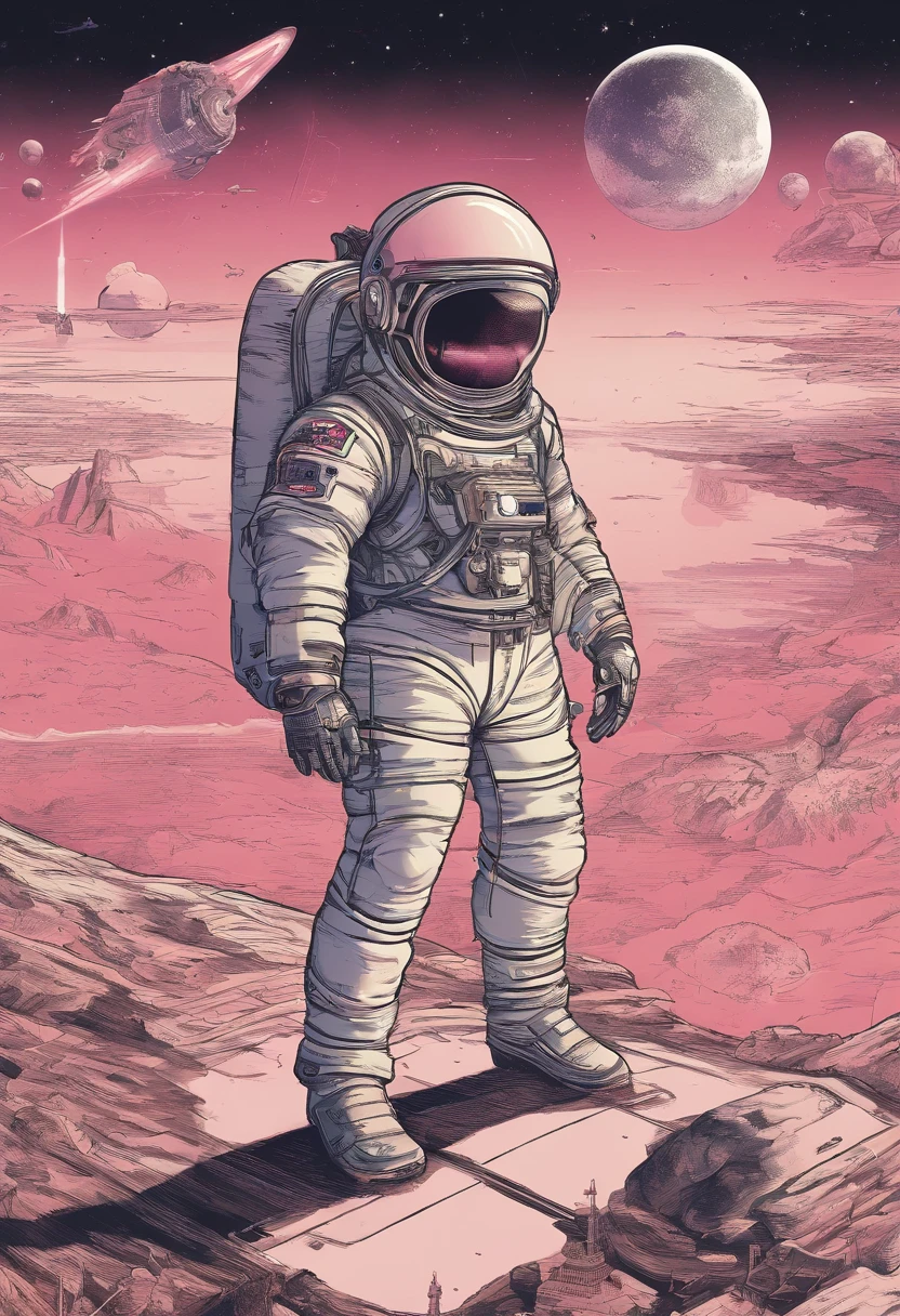 Newspaper cover Man astronaut giving press interview at rocket launch, local com pessoas, Reporter, helicopter, grande foguete decolando ao fundo, Astronaut with rocket in the background in a launch interview, sol da tarde, people watching the rocket launch, Astronaut holding helmet with hand, portal in the sky, semelhante a um olho gigante, em um lago raso ao sol da tarde, (( capa de jornal )), with plenty of lighting, pink gradient in sky, Adult astronaut with angel wings on an alien planet with planets in the sky, pegue a chave, estrelas, galaxias, homem astronauta com asas de anjo, capa de jornal