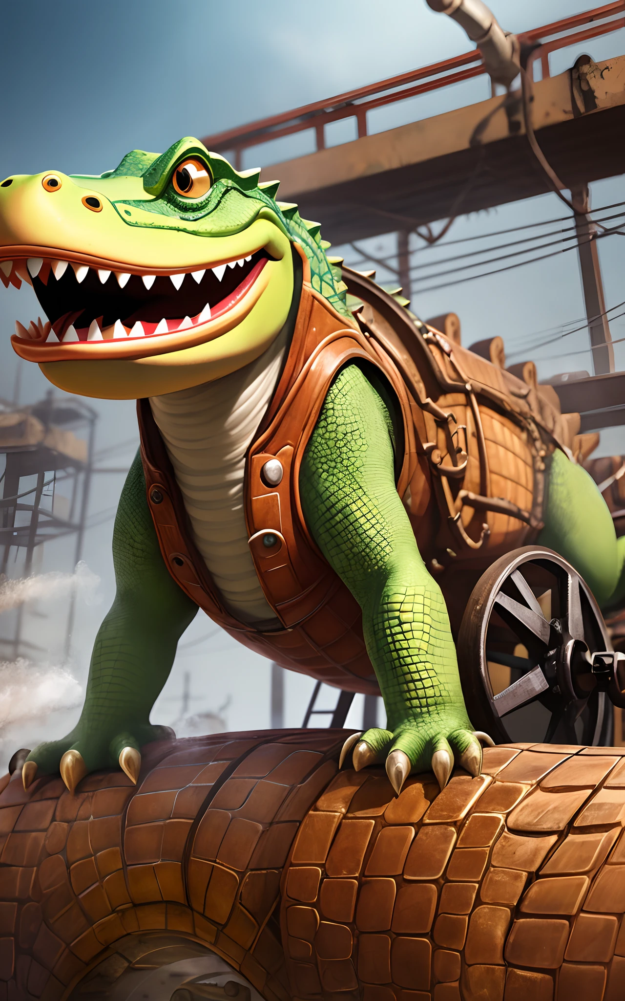 Close-up. Cheerful cute tall Pixar alligator character, but with an overbite and protruding teeth, smiles, red shirt, rides in a complex stupid ultra-mechanical steam-punk car with an odd number of wheels, bolts, some rust and scuffs, asymmetrical.Blurred background. Light haze. --auto --s2