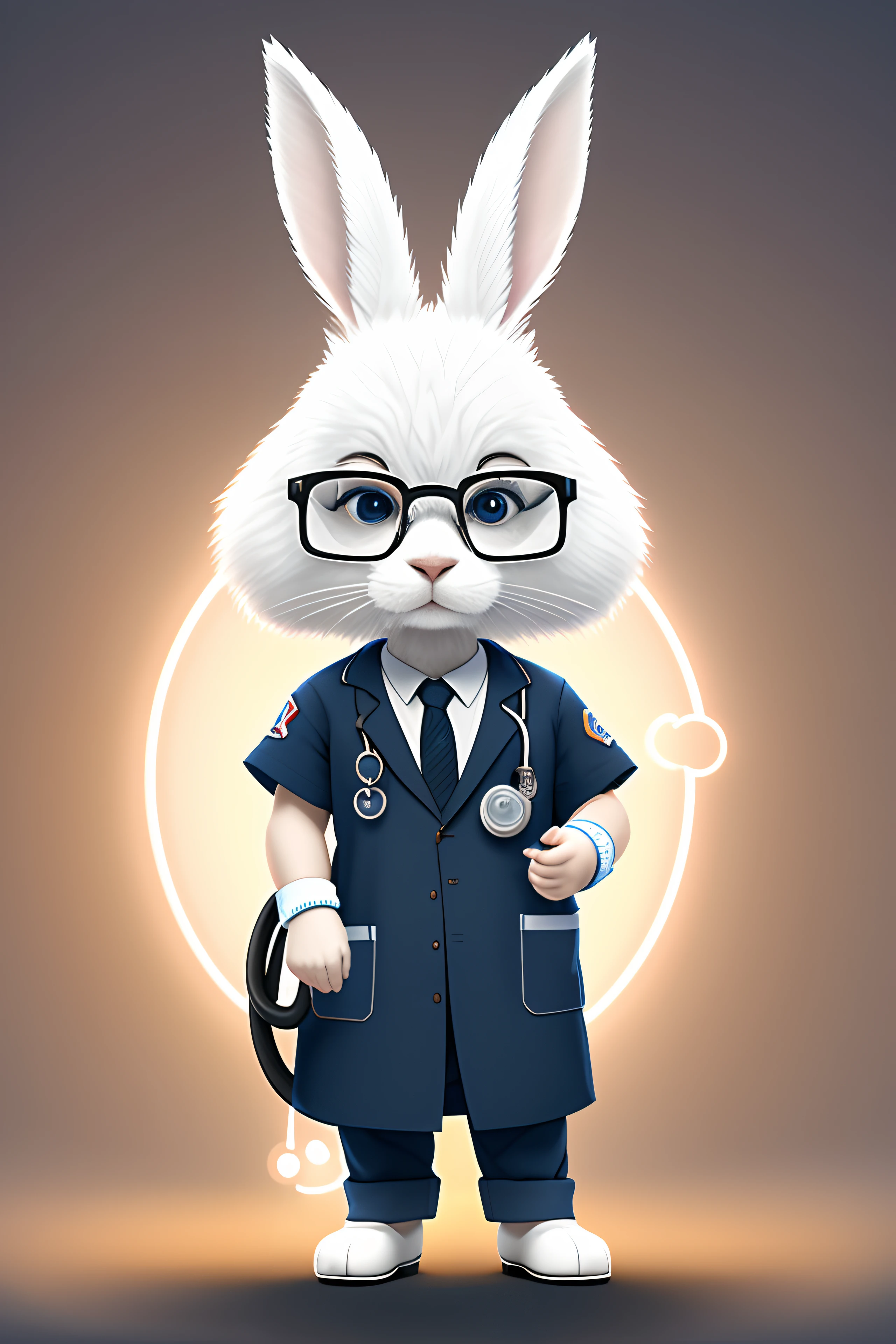 small rabbit with white fur and black eyes, wearing doctor blue scrubs, carrying a stethoscope, and putting on glasses, cartoon arts, dramatc anthropomorphic lighting 8k Very detailed