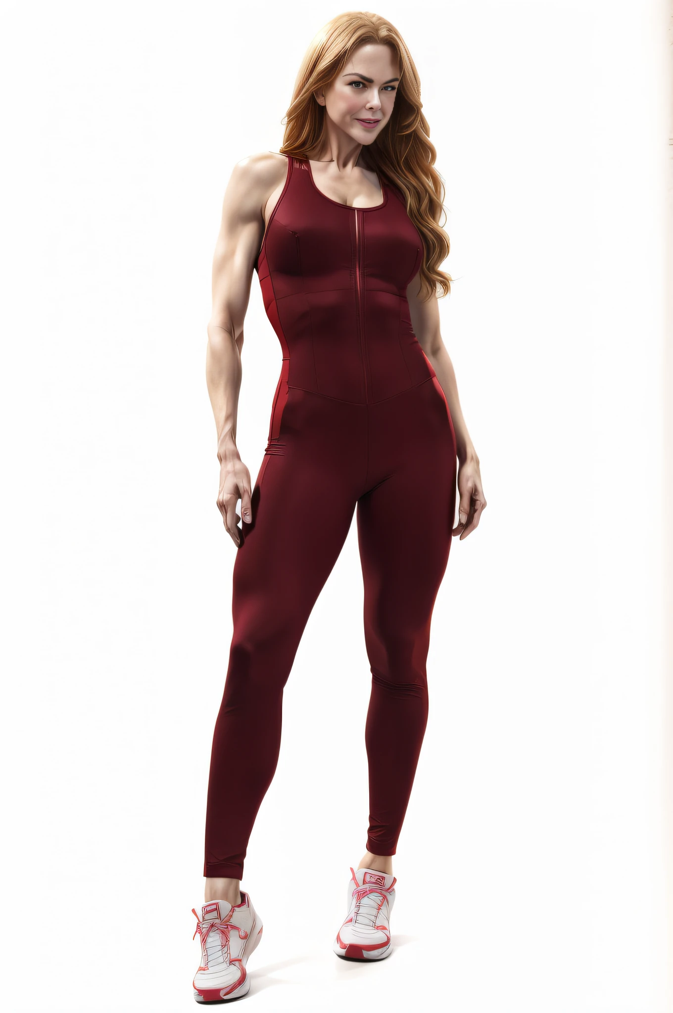 ((Nicole Kidman)) in a red and brown bodysuit posing for a picture, catsuit, fullbodysuit, cute girl wearing tank suit, femenine body, red body suit, two piece workout clothes, train with maroon, red jumpsuit, bodysuit, full length view, full-body, full - body, sports clothing, high level body suit
