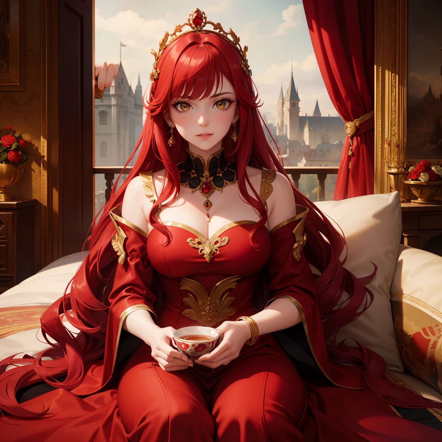 Red Hair Woman, yellow Eyes, Royalty, Red Dress, Red Jewelry, Red Earrings, Lunar, Nobility, Noblewoman, High Quality, Highly Detailed, Detailed Face, Masterpiece, Castle, Drinking Tea, Garden, flames, exotix