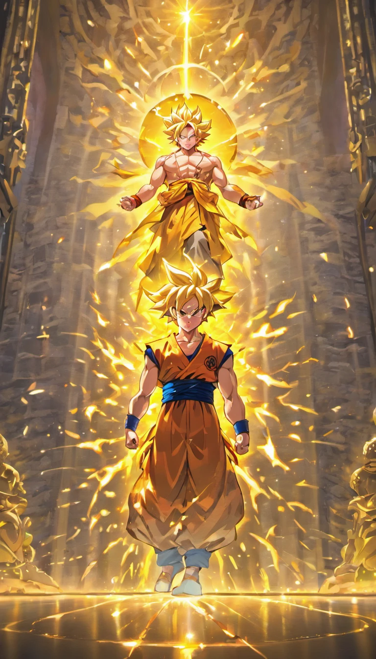 (Goku super Sayajin4 is in front of the shiny golden Buddha,Transparent Buddha statue,Estilo de pintura chinesa,intensidade de close-up,Zhong Fenghua,Kazuyuki Takamatsu,Han Yonghao,deus luz,O sol brilha,Efeito de luz do espelho,3Drenderingof,Zbrush rendering)