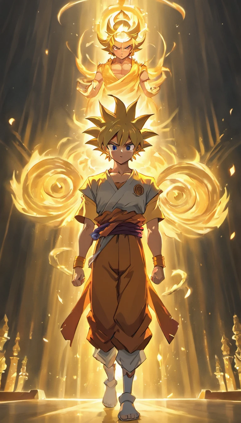 (Goku super Sayajin4 is in front of the shiny golden Buddha,Transparent Buddha statue,Estilo de pintura chinesa,intensidade de close-up,Zhong Fenghua,Kazuyuki Takamatsu,Han Yonghao,deus luz,O sol brilha,Efeito de luz do espelho,3Drenderingof,Zbrush rendering)
