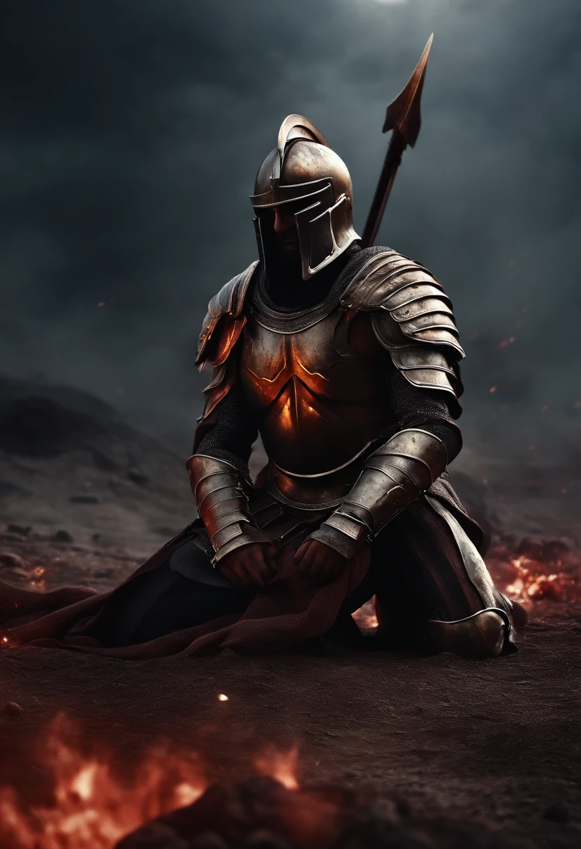 spartan warrior, dying , bloody armor, on battlefield, on his knees, epic, 8k