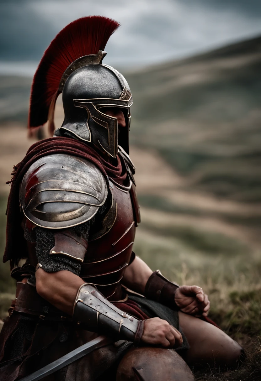 Spartan warrior, bloody armor, Battles on the battlefield,Holding the helmet off, On his knees, Facing the front, Seriously injured and exhausted
