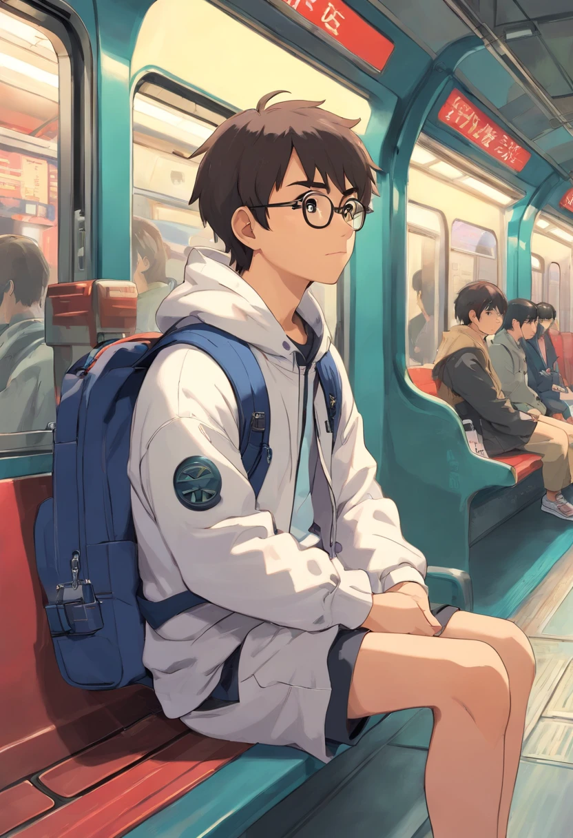arafed man sitting on a subway bench with a backpack, wearing japanese techwear, japanese p, streetwear fashion, cyberpunk streetwear, wearing cyberpunk streetwear, casual streetwear, wearing urban techwear, techwear fashion, with a backpack, wearing space techwear, techwear look and clothes, techwear clothes, hypebeast, male ulzzang, style kim jung gi