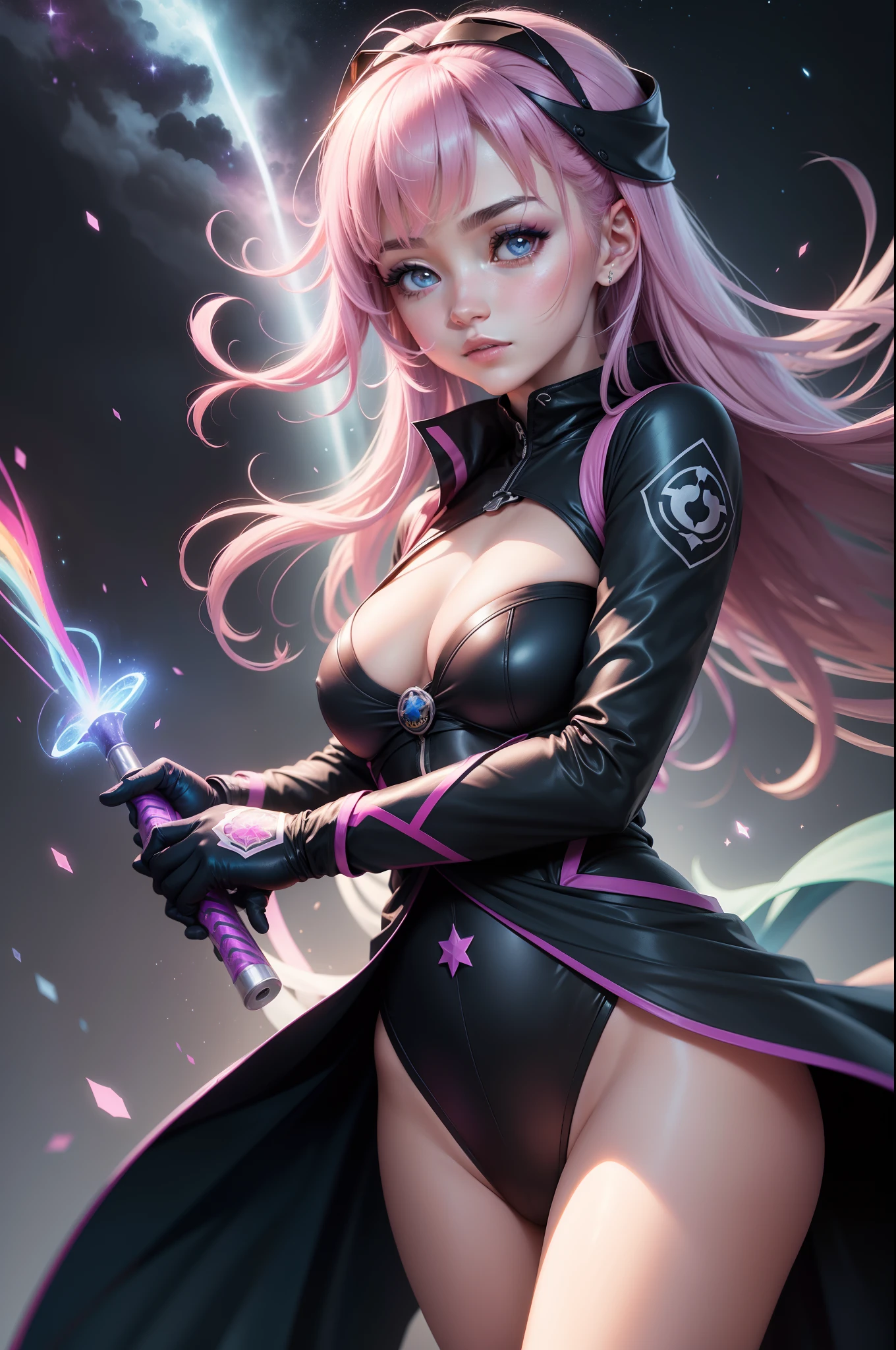 Mulher ninja com fone de ouvido sentido paz, olhos brilhantes com estrela, rosto bonito, cores RGB, cabelo rosa brilhante, colorido anime, fundo brilhante, Banner for youtube video, feliz, nuvens com cores RGB, cores RGB brilhantes, completo, ser celestial, garota gamer com uma arma