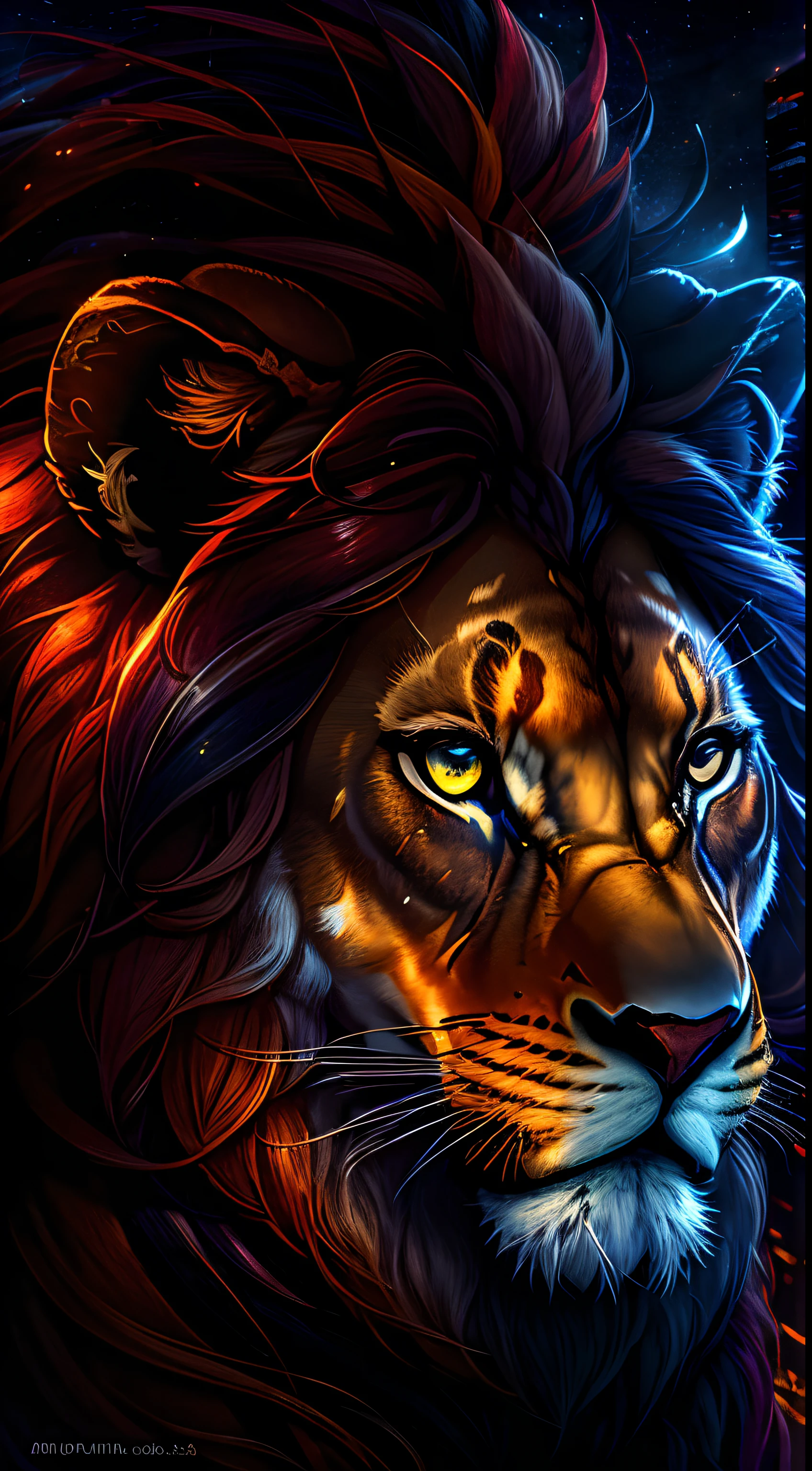 (master part, alta qualidade, Altas,illustration), 1girl, multicolored hair galaxy in New York playing with a lion at night with orange mist, CyberCity, Highly detailed lion face,