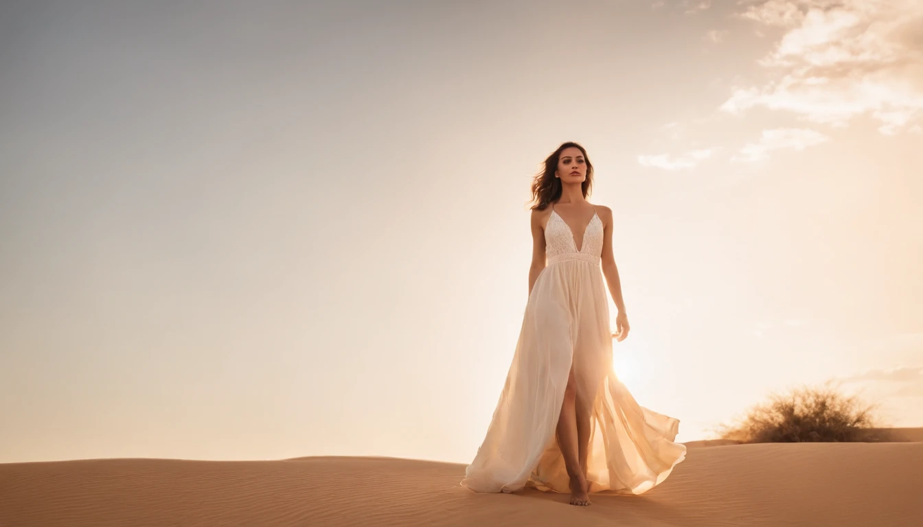 the setting sun，A desert，rays of sunshine，Clouds，palmeiras，Contre-Jour，Beautiful girl in long dress，8K high-definition，RAW format，The light and shadow are delicate，detail-rich，。