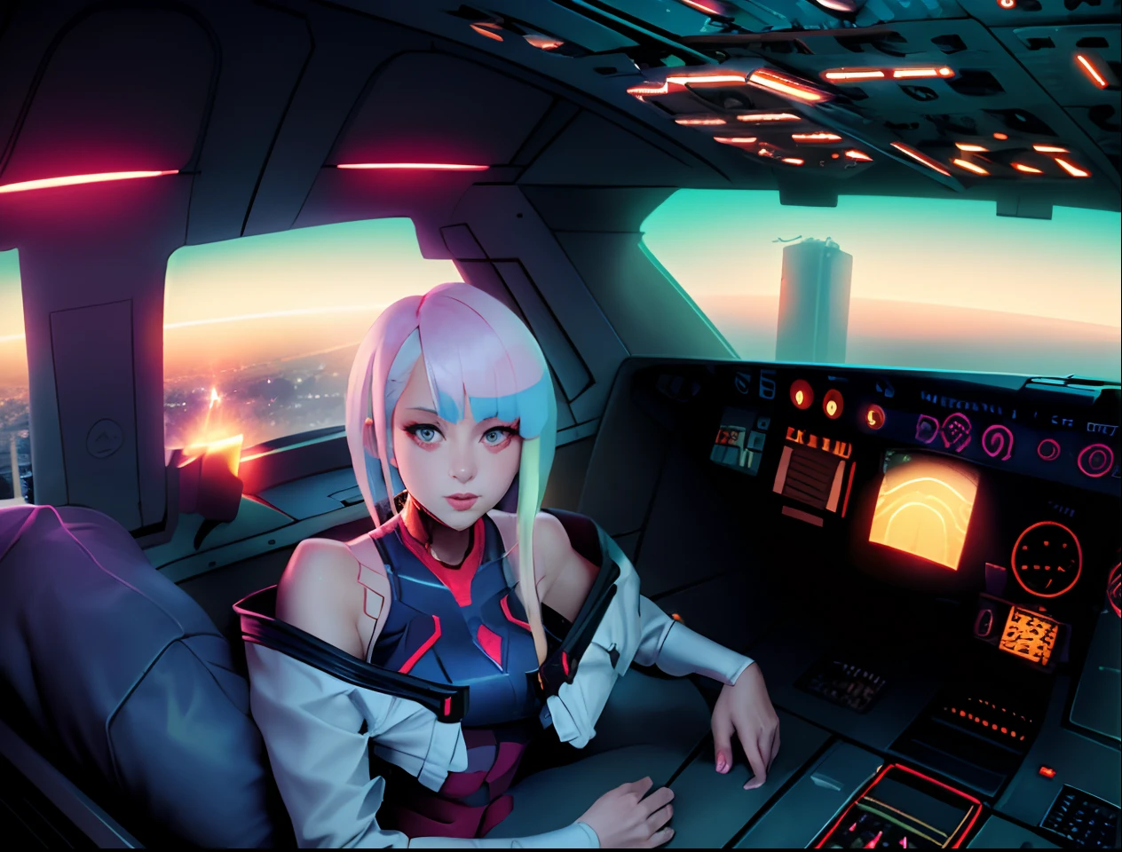 Lucy \(cyberpunk\), solo, 1girl, asymmetrical hair, belt, bodysuit, covered navel, highlighted sleeves, open jacket, in the airplane cabin with the city in the background, two buildings in the background, pilot girl, in the cabin, macross style , cute pilot girl, macross, in the cockpit of a spaceship, in an anime masterpiece, art deco surpasses anime aesthetics, 2b, 2 b