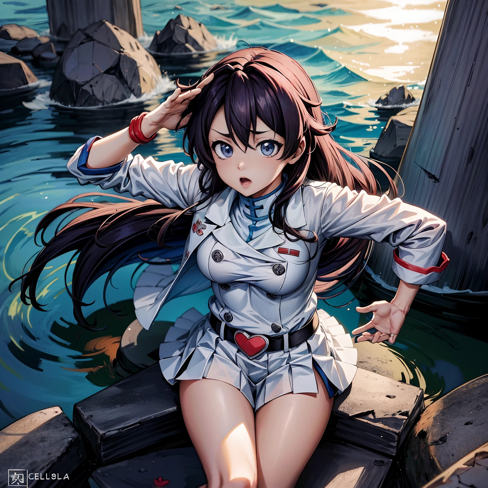 Menina anime sentada em um banco de pedra, menina anime sedutora, kantai collection style, anime moe artstyle, Konpeki no Kantai, Bambietta Bleach Fanart, Melhor Anime 8K, papel de parede, Papel de parede anime 8k, anime melhor garota, papel de parede anime ultra hd, 1girl, cabelos pretos, olhos azuis, Middle breast, Uniforme militar branco, uniforme branco, kalap, detalhes finos.