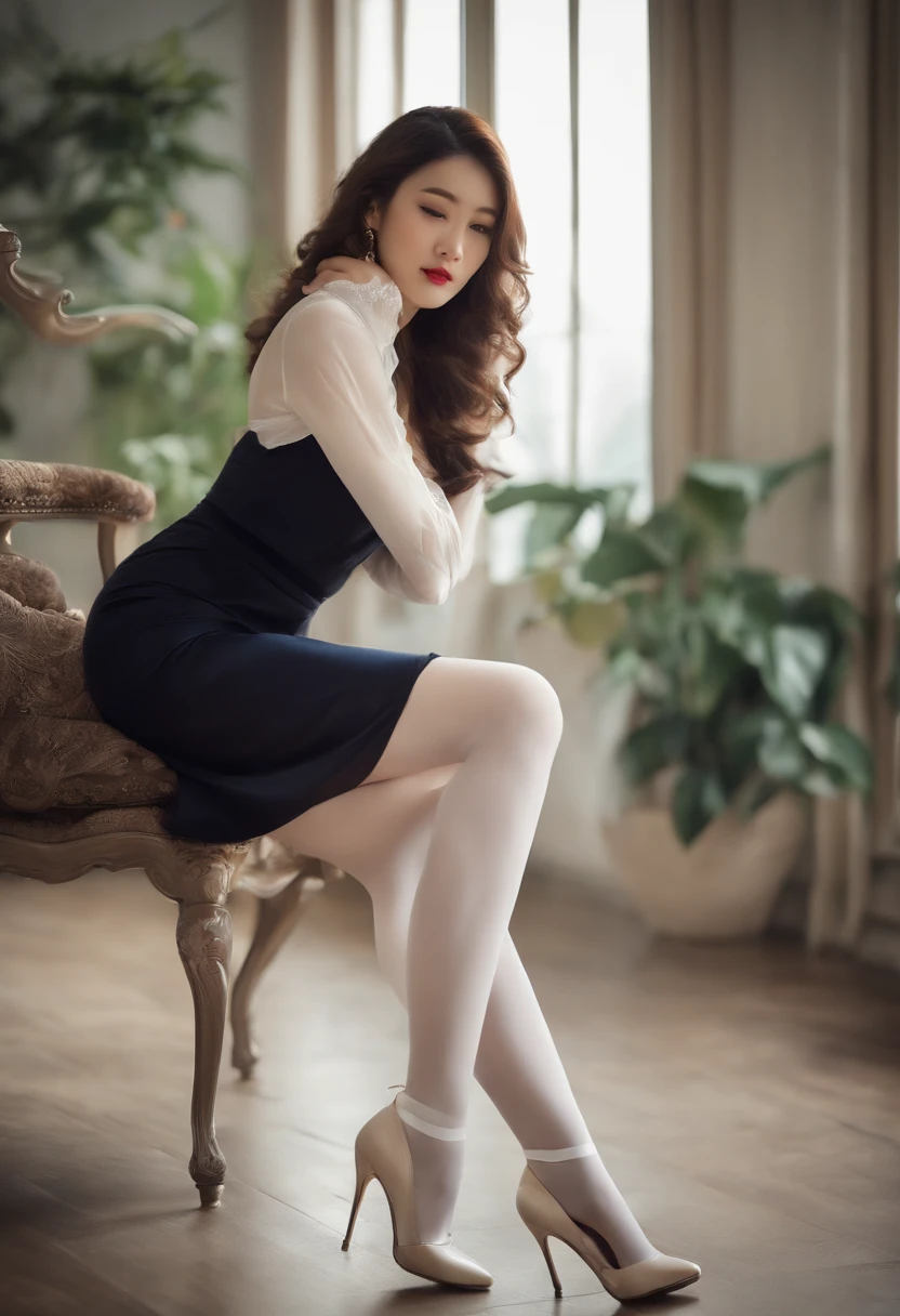 Small underwear、large full breasts、white stockings、high-heels、infp young woman、beautiful countenance、Sheer 、M-shaped legs