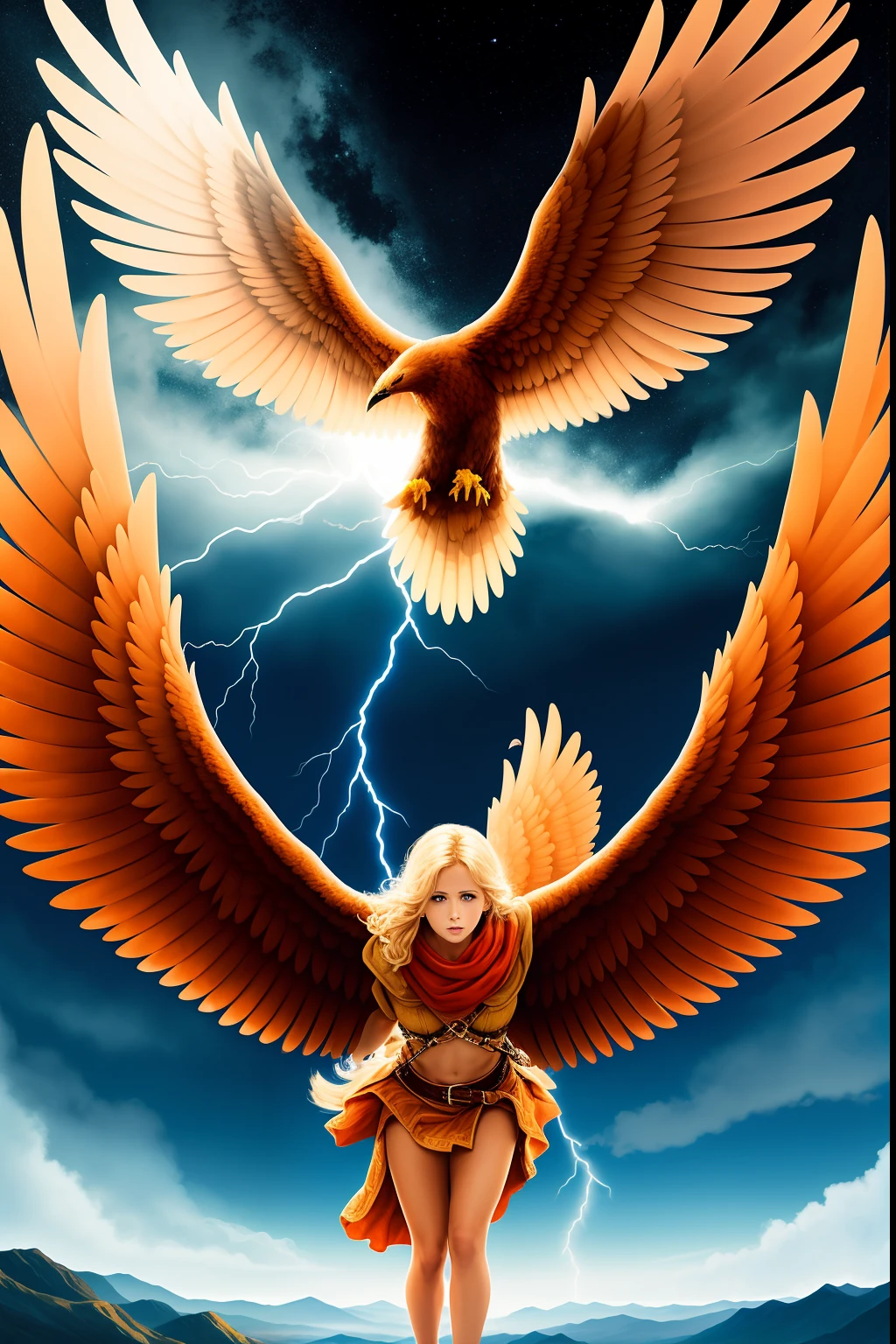 Jesus, tiro de corpo inteiro, olhos firmes, olhando para frente, lightning in the sky, arms extended, olhando para frente, parado no topo de uma montanha, manto e capa vermelhos, Shining cross in the airA realistic 4K phoenix with orange feathers, with a serious expression and looking forward, corpo inteiro.