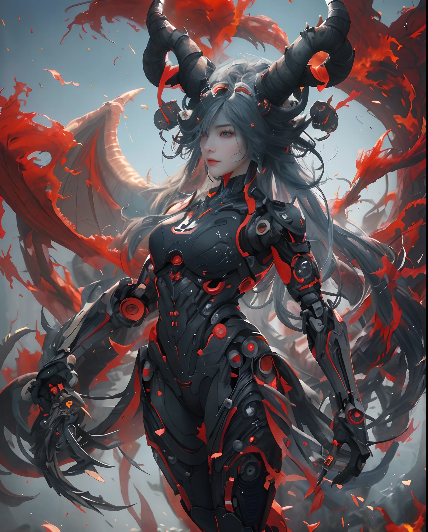 Horned devil with bright red wings falling from the sky, (Best Illustration), beautiful effects, Vivid colors, The body is made of dragon scales, Dragon Godchild、Ray tracing, masutepiece, Best Quality, ultra-quality, absurd details, (best light), (Best Shadow), sharp, Sharp Image, Detailed, Extremely detailed, hight resolution, 8K, 4K, nffsw, Volumetric, Detailed black armor, (particles effect), Creative image backgrounds、It is fused with the machine、The body is made of machine、The body is made by machine、Woman with rendered ultra detailed beautiful porcelain profile、cyborgs、roboticparts、150mm、Beautiful studio soft lights、Rim Light、Vivid details、luxuriouscyberpunk、Ren Hao、surrealistic、Anatomical、face muscles、cable electric wires、microchips、elegent、beatiful backgrounds、Big Red Full Moon、AI-generated painting at Sea Art、It depicts a fascinating image of yin and yang, (Max Quality, Exquisite design, The best lighting, Better shading).