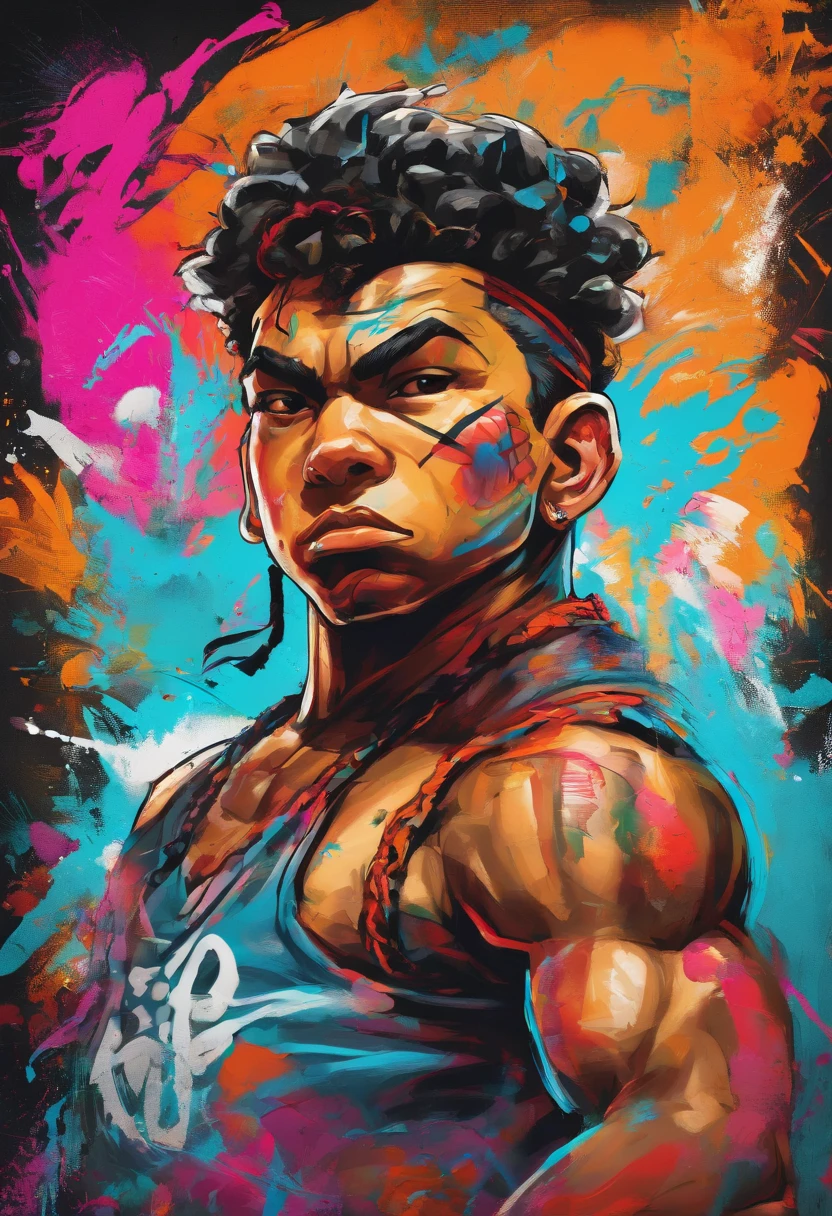 Puerto Rican Character, a dynamic and urban representation of a Puerto Rican character, infused with graffiti art elements and street culture, created in a graffiti art style using spray paints and digital enhancements, reflecting the vibrant street scene of Puerto Rico