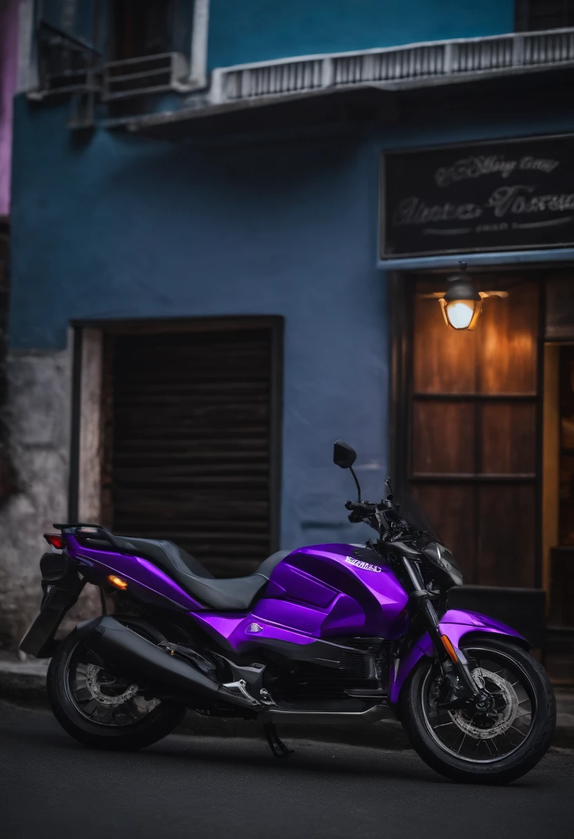ENTREGADOR DE DELIVERY COM MOTO, DETALHES EM ROXO, IMAGEM ALEGRE
