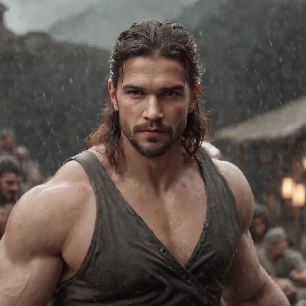 8k, masterpiece, RAW photography, best quality, photorealistic, highly detailed CG unity 8k wallpaper, depth of field, cinematic light, raw, (extremely beautiful and charismatic face, beautiful lips, beautiful eyes), intricately detailed face, (ultra detailed skin), 1 man, in nature, in deep shadows, beautiful young scottish male, (very strong and muscular body:1.3), (topless), (great determined look) :1.3), (shirtless), (highlands, dark night, starry night, blurred background), barechest, tarzan kilt, long black hair, full-body, waterfall background in the forest.