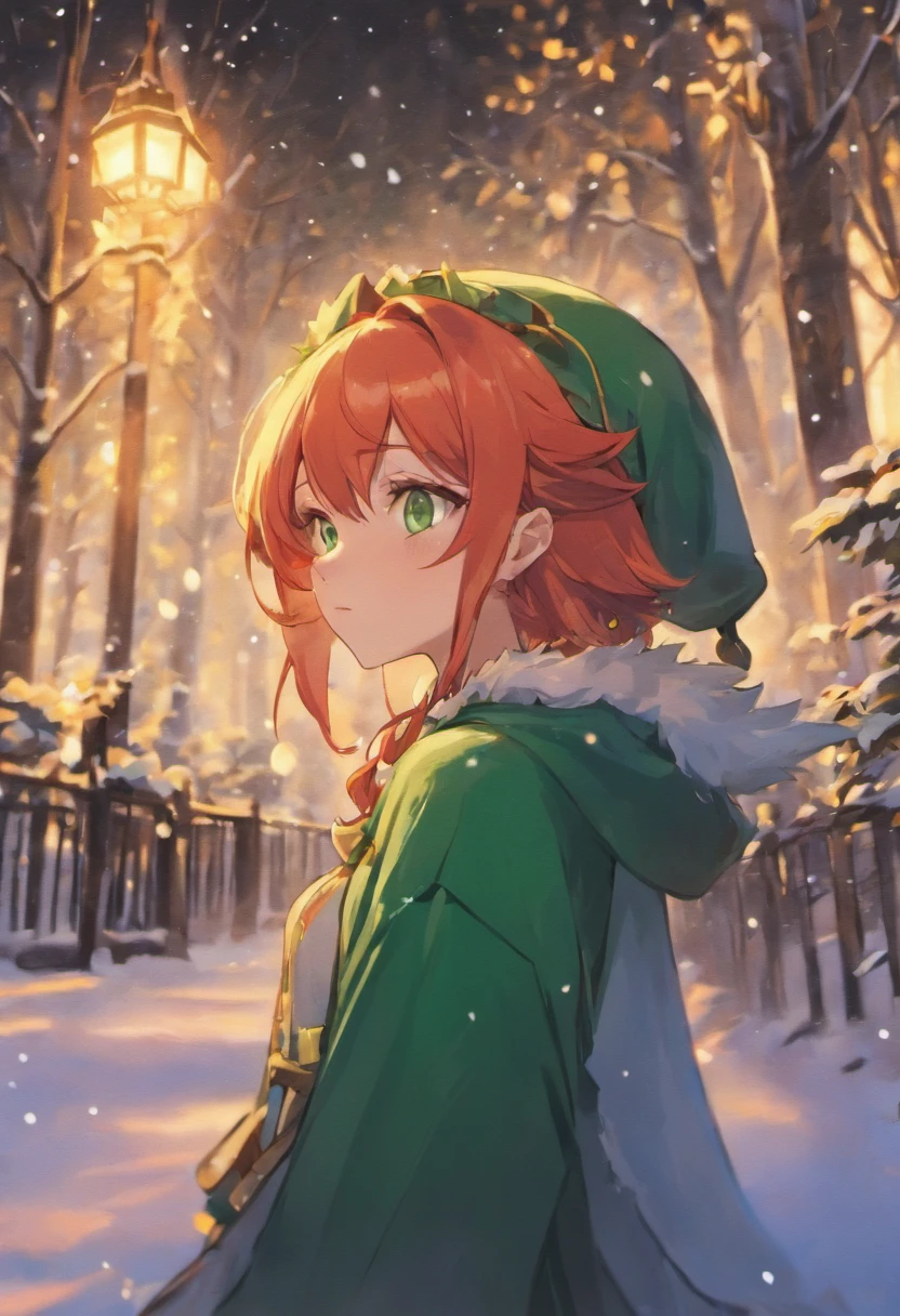 Elf, red hair, emerald green eyes, cute, gentle, snow, sweater