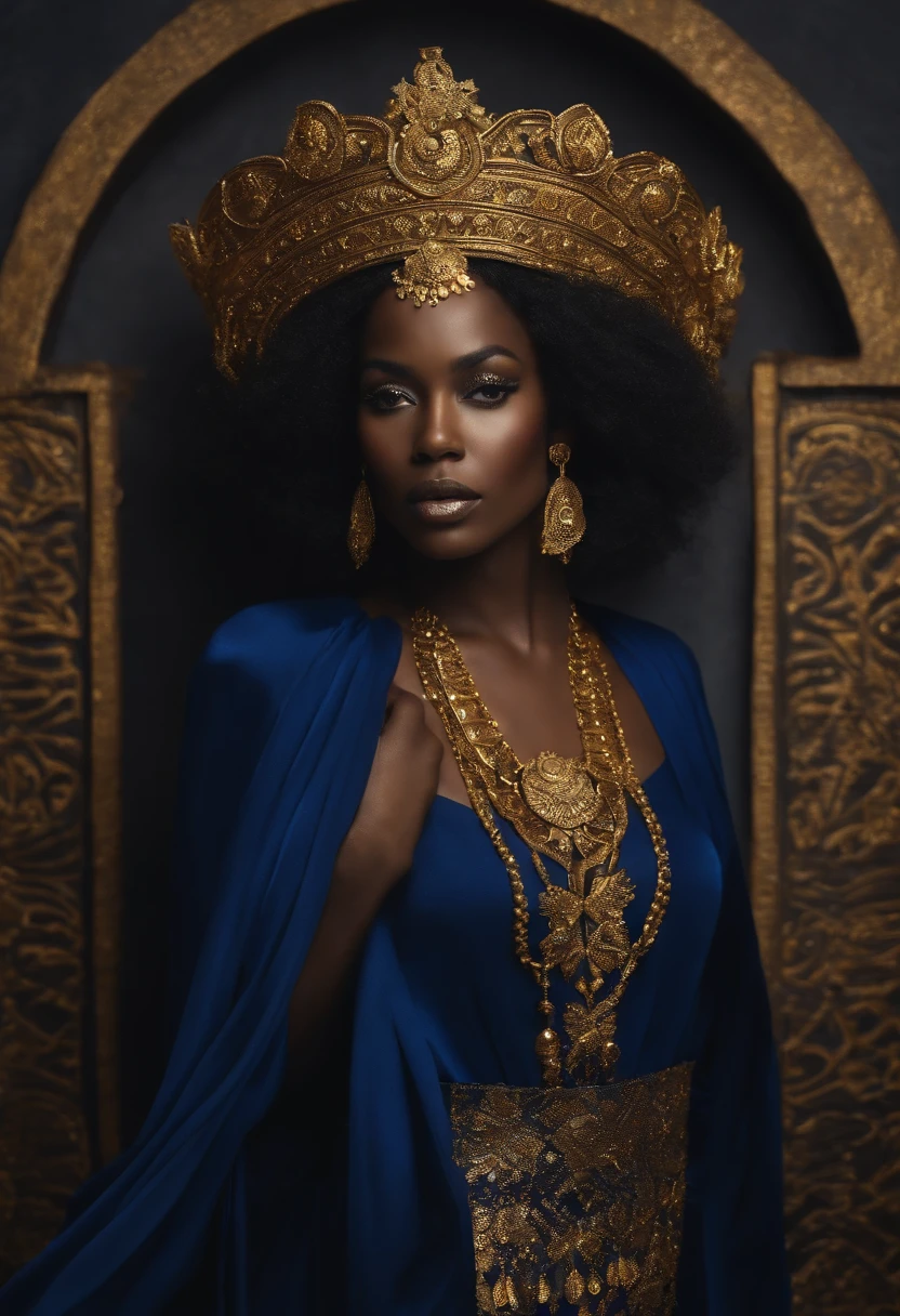 Oxum, deusa africana, do amor e da prosperidade, in flowing dark blue dress, linda e poderosa. Corpo inteiro. Ao fundo um castelo dourado. Mystical myth style. poder e magia.