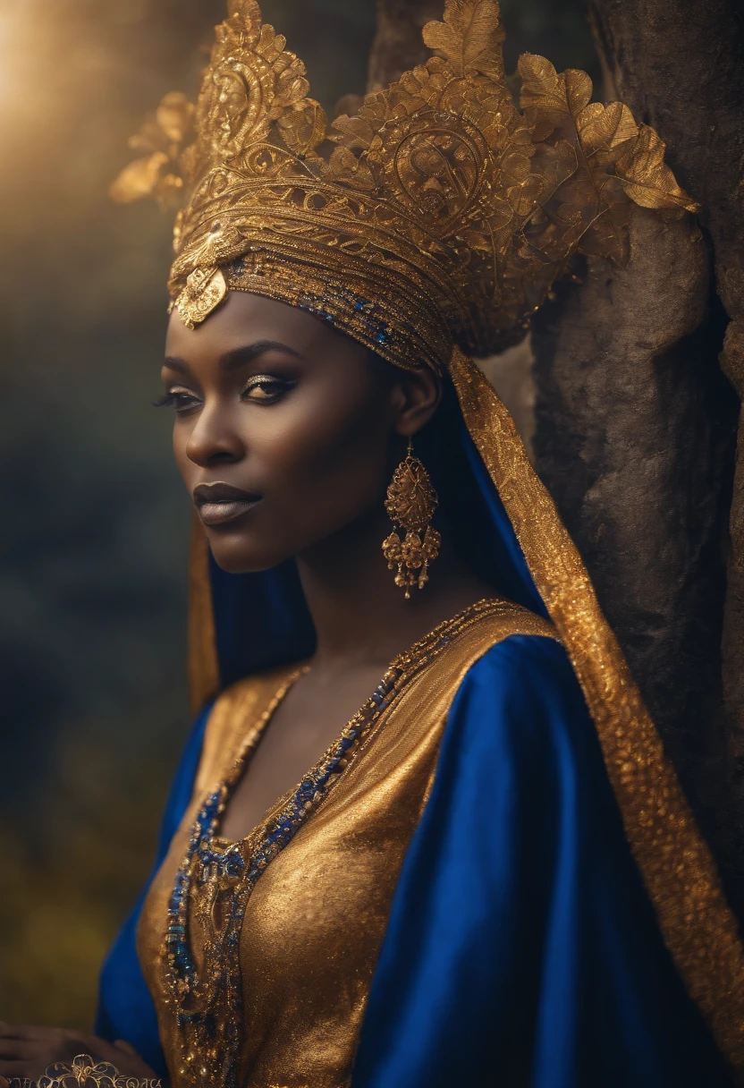 Oxum, deusa africana, do amor e da prosperidade, in flowing dark blue dress, linda e poderosa. Corpo inteiro. Ao fundo um castelo dourado. Mystical myth style. poder e magia.