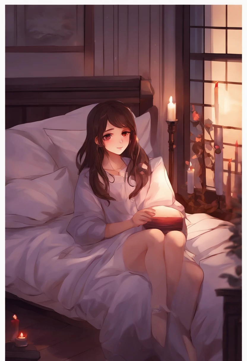 Brunette cute purple/red eyes anime girl. Casual clothes on bed with candles, warm night