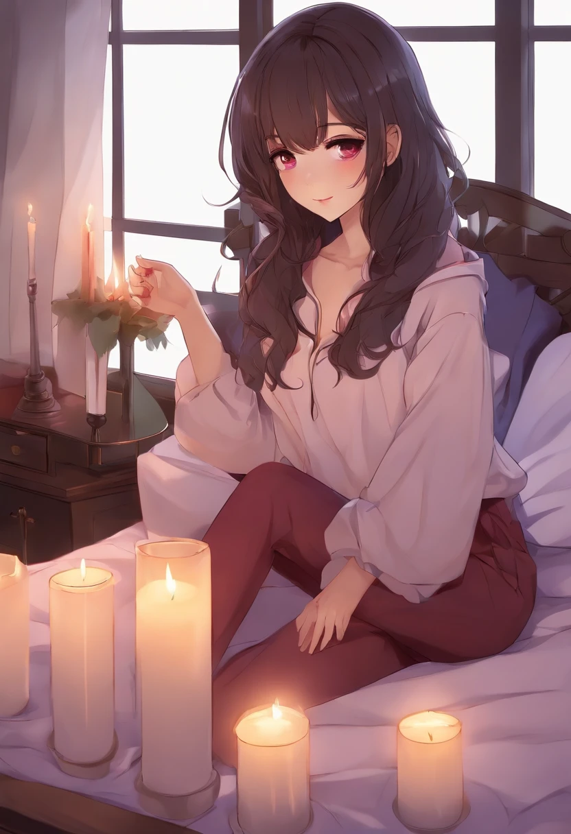 Brunette cute purple/red eyes anime girl. Casual clothes on bed with candles, warm night