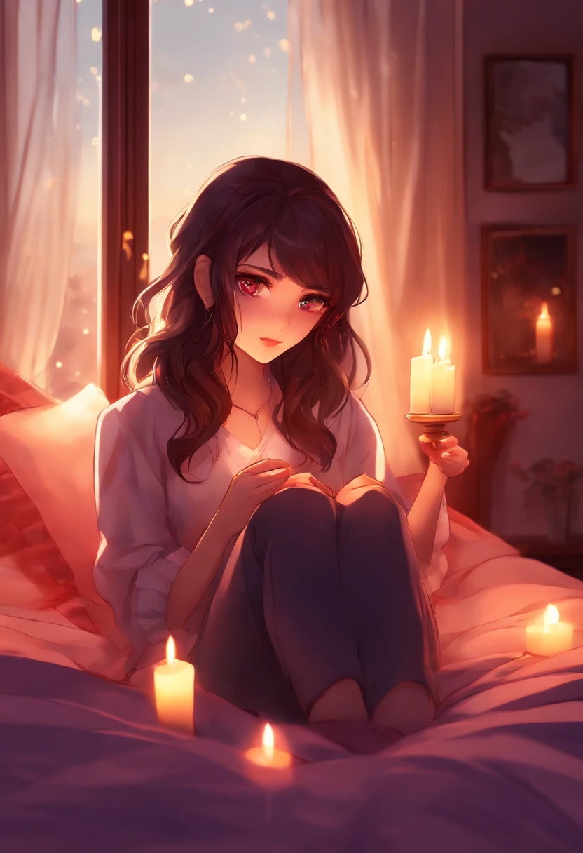 Brunette cute purple/red eyes anime girl. Casual clothes on bed with candles, warm night