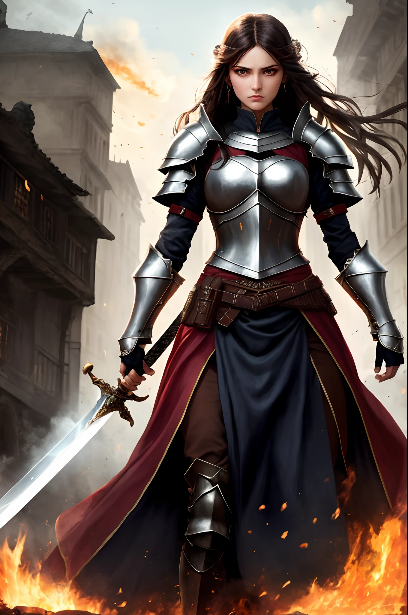 Create a striking and fierce illustration of Elena, the determined love interest in the story, standing amidst the chaos of a battlefield. Elena should be adorned in knightly armor, her posture reflecting a blend of courage and determination. Her eyes should blaze with resolve as she wields a sword or a weapon, ready to face the challenges of the grim battlefield. The scene should capture the essence of her strength and bravery in the face of adversity.
