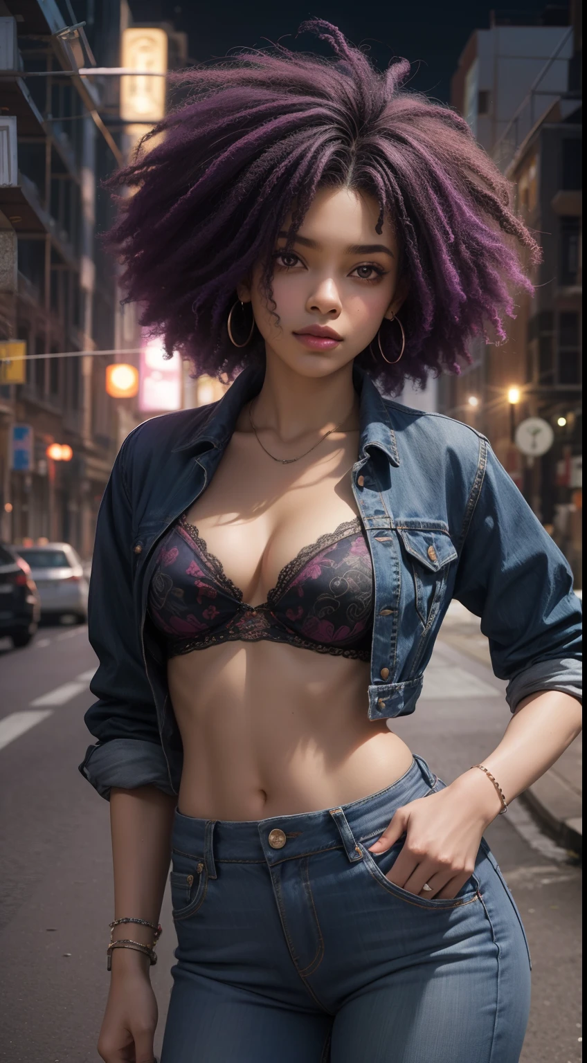 Fotografia de 1Garota de 18 anos afro-americana na chuva, cores violeta e roxo, corpo molhado,de saia e jaqueta jeans curta,em uma cidade a noite neon , Angle from top to bottom,8k ultra realista