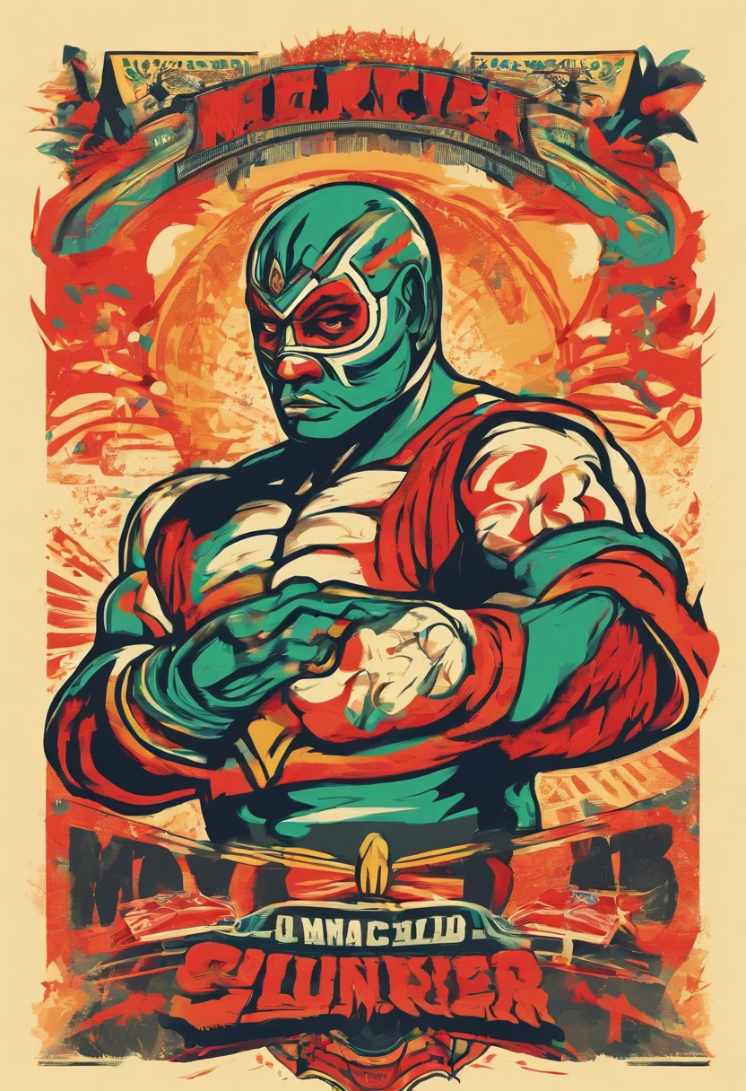 Mexican Character, an eye-catching representation of a Mexican character in the style of vintage Lucha Libre wrestling posters, featuring bold typography, exaggerated features, and a dynamic composition, reminiscent of the iconic Mexican wrestling culture