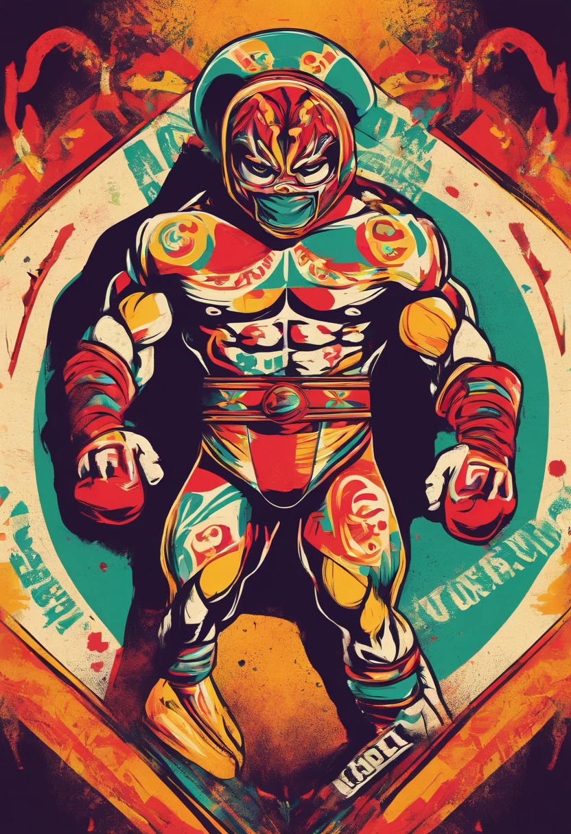 Mexican Character, an eye-catching representation of a Mexican character in the style of vintage Lucha Libre wrestling posters, featuring bold typography, exaggerated features, and a dynamic composition, reminiscent of the iconic Mexican wrestling culture