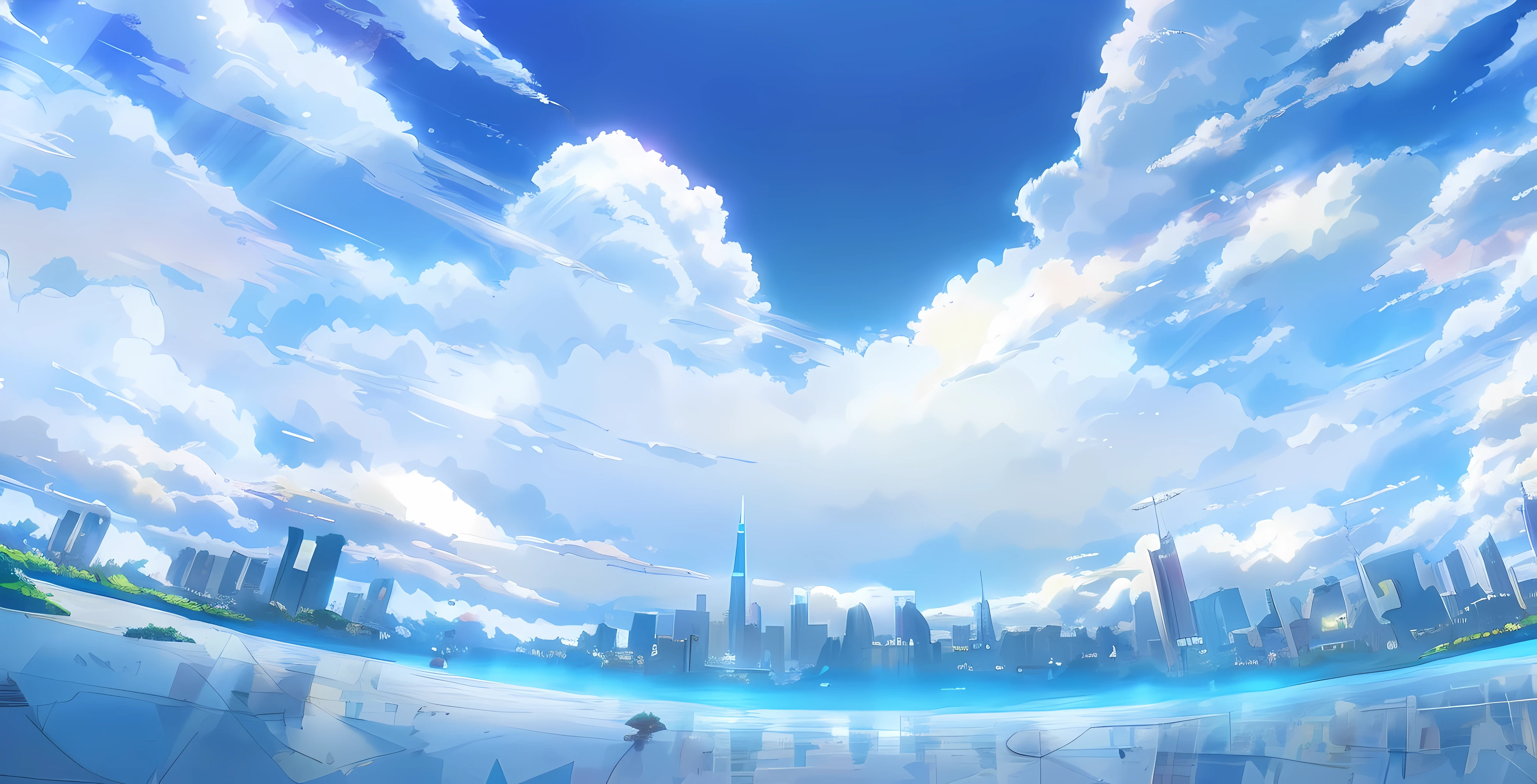 Anime city skyline with blue sky and clouds, hd anime cityscape, anime landscape wallpapers, wallpaper anime blue water, anime backgrounds, anime style cityscape, Anime background art, Makoto Shinkai's style, Anime Sky, in the style of makoto shinkai, Makoto Shinkai. —h 2160, 4k manga wallpapers, beautiful anime scenery